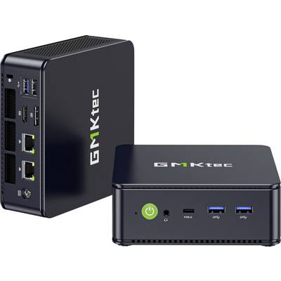 Zwei schwarze GMKtec Mini-PCs gezeigt in Vorder- und Seitenansicht, mit sichtbarem Ein-/Ausschalter, USB-Anschlüssen, Ethernet und HDMI-ähnlichen Verbindungen.