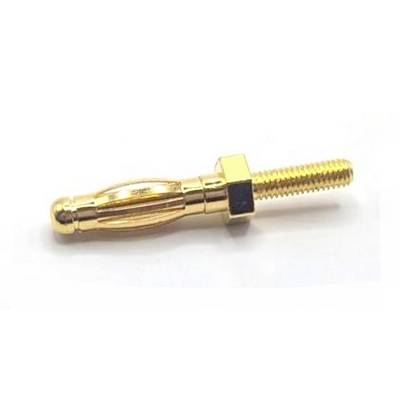 Goldfarbiger Bananenstecker mit Gewinde am Ende und schwarzem Isolierring auf weißem Hintergrund