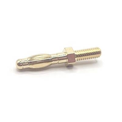 Ein Metallkrimplug-Stecker mit einem kreisförmigen Schraubenloch und einem röhrenförmigen Draht-Krimpsystem auf weißem Hintergrund.