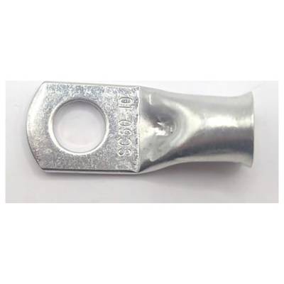 Nahaufnahme einer silbernen Metallringklemme mit einem kreisförmigen Drahtloch und einem crimpklemm-Ende, gestempelt mit "SC08-6" und "1/0".