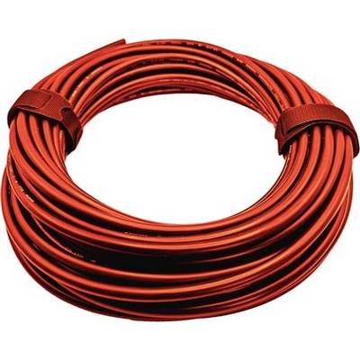 Aufgerolltes rotes Kabel oder Drahtbündel, das mit zwei Bändern auf weißem Hintergrund gesichert ist.