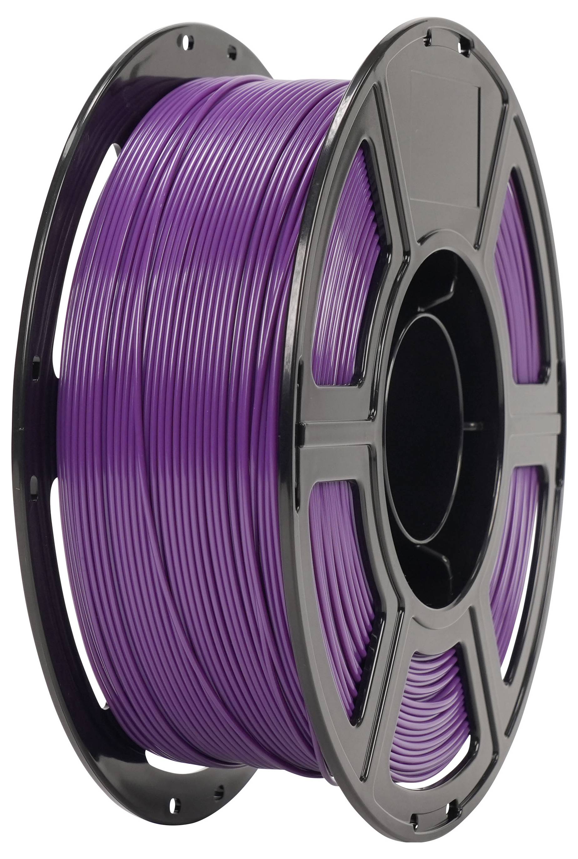 Spule aus violettem 3D-Druckfilament auf einer schwarzen Spule, von der Seite gezeigt.