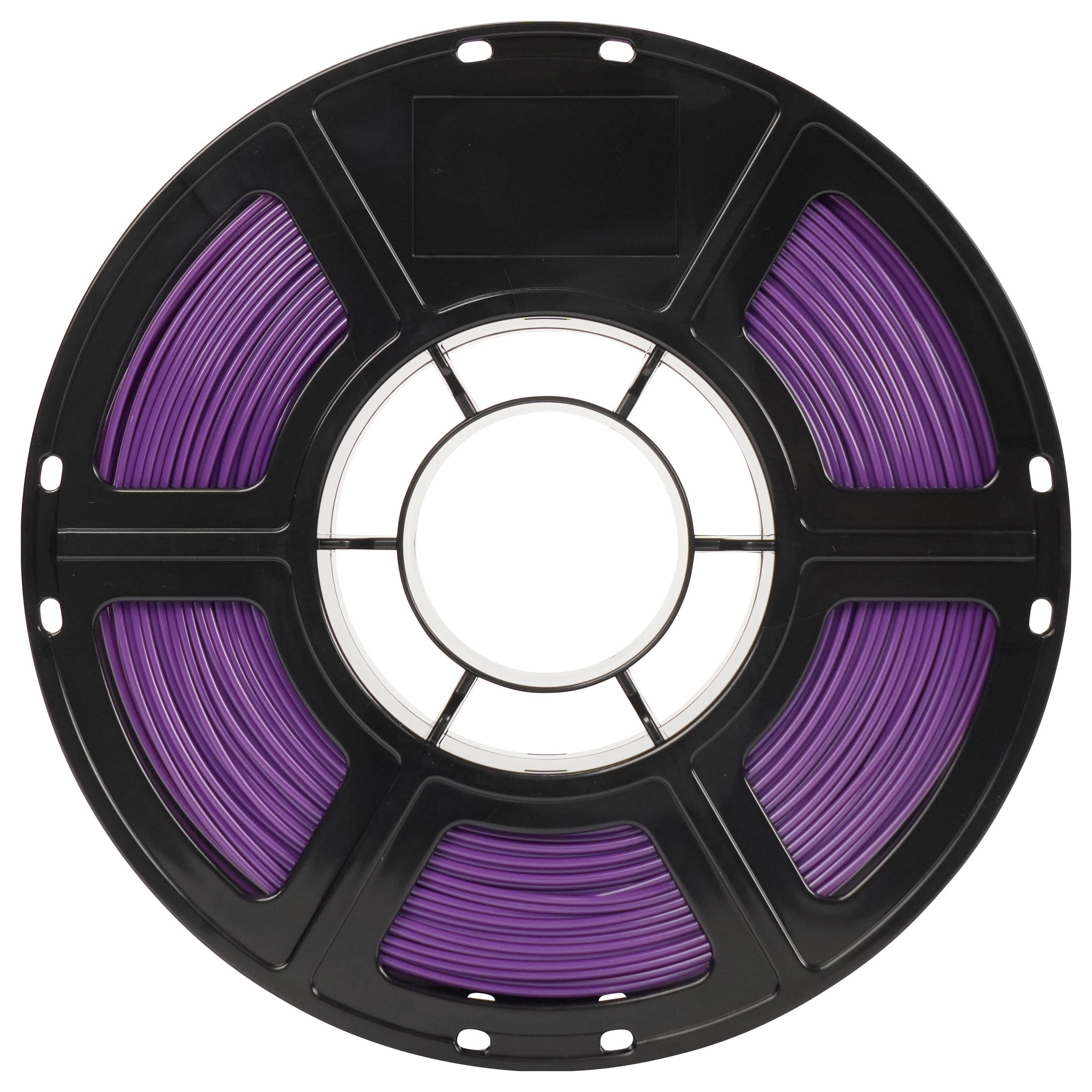 Spule violettes 3D-Druckfilament auf einer schwarzen Spule, Vorderansicht vor weißem Hintergrund.