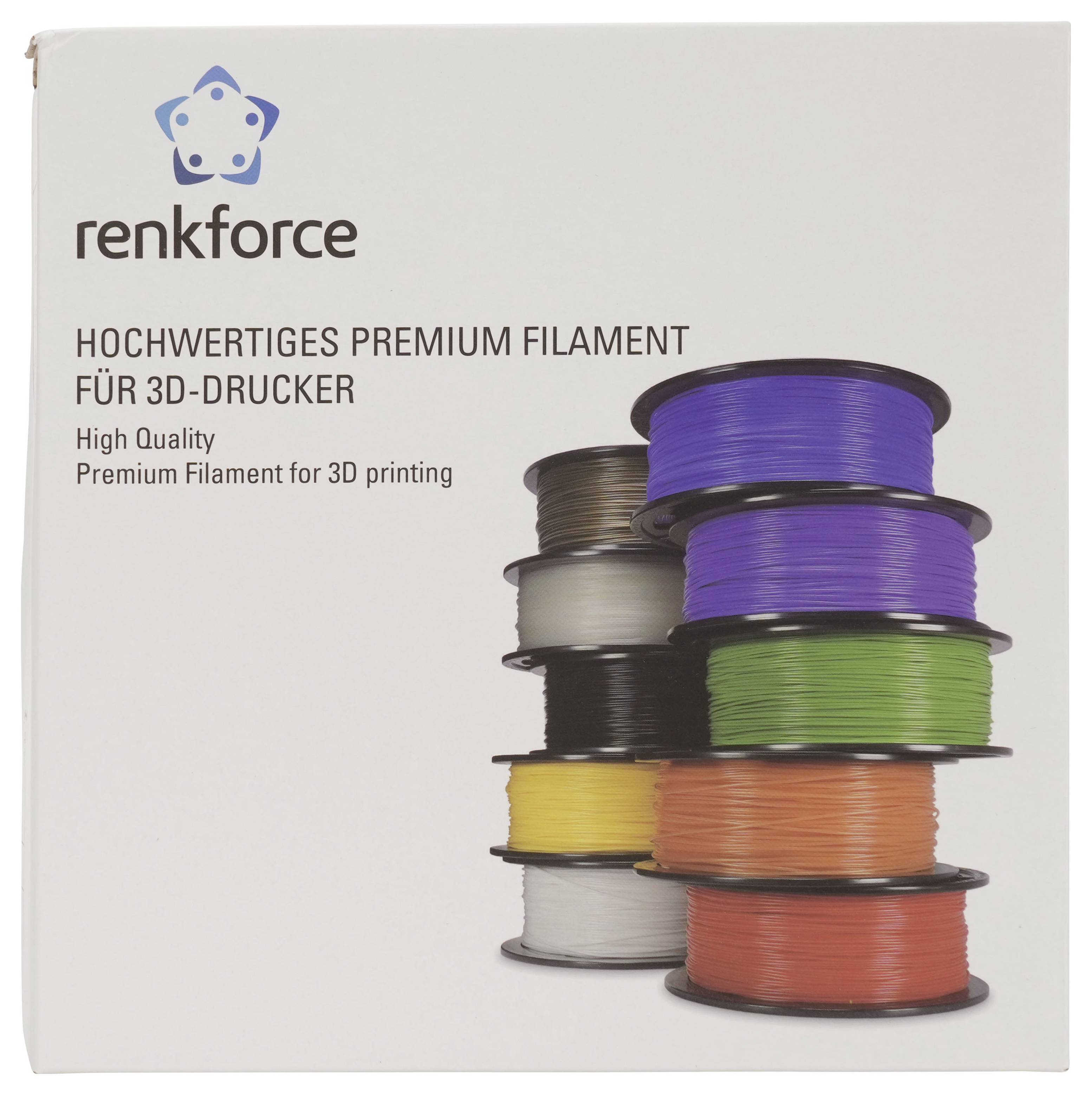 Renkforce Premium-Filament-Verpackung für 3D-Drucker, die gestapelte Spulen aus farbigem 3D-Druckfilament auf einer weißen Schachtel zeigt.