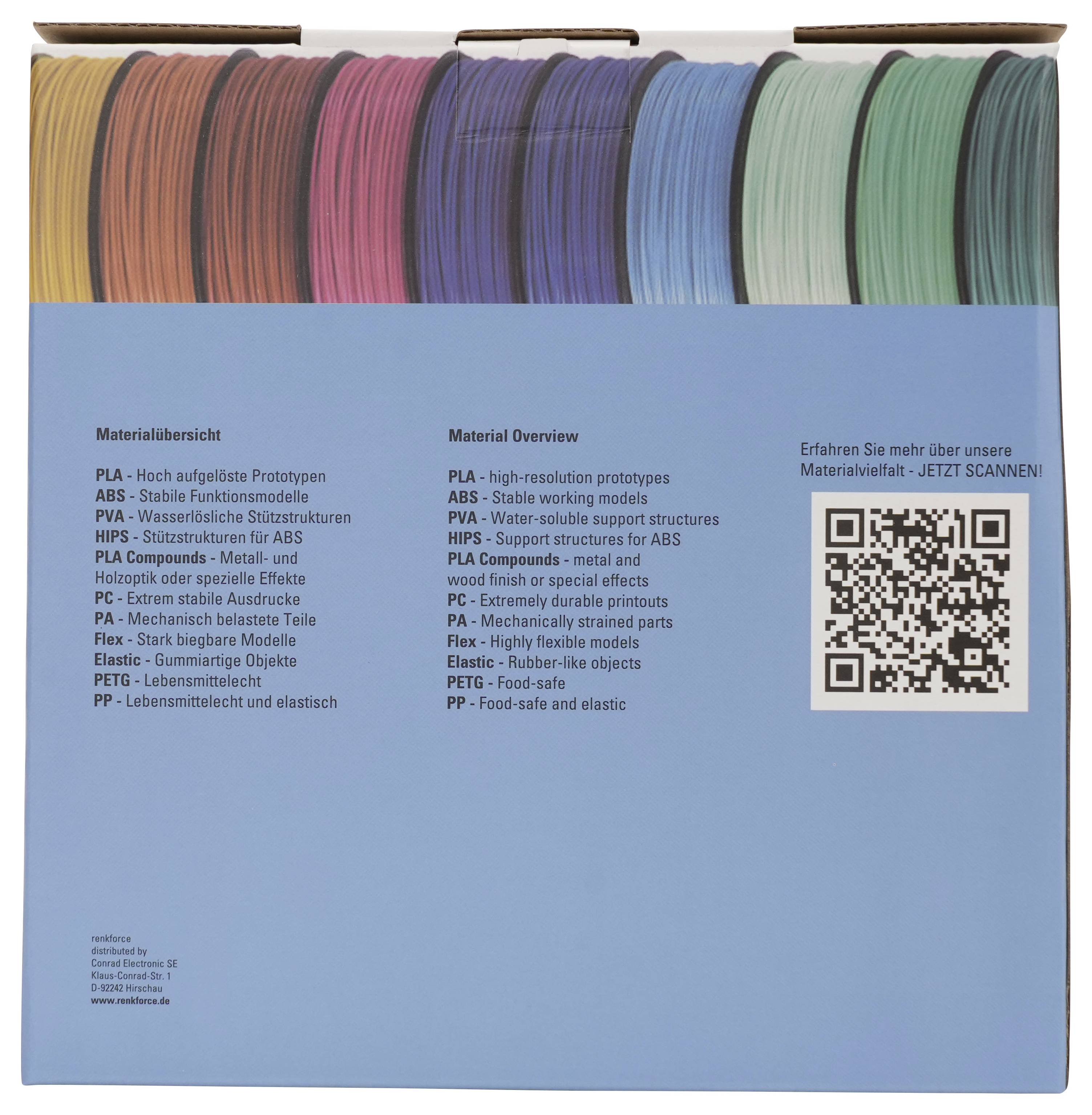 Blauer Broschürendeckel zeigt Reihen von mehrfarbigen 3D-Drucker-Filamentproben, eine Materialübersicht auf Deutsch und Englisch sowie einen QR-Code.