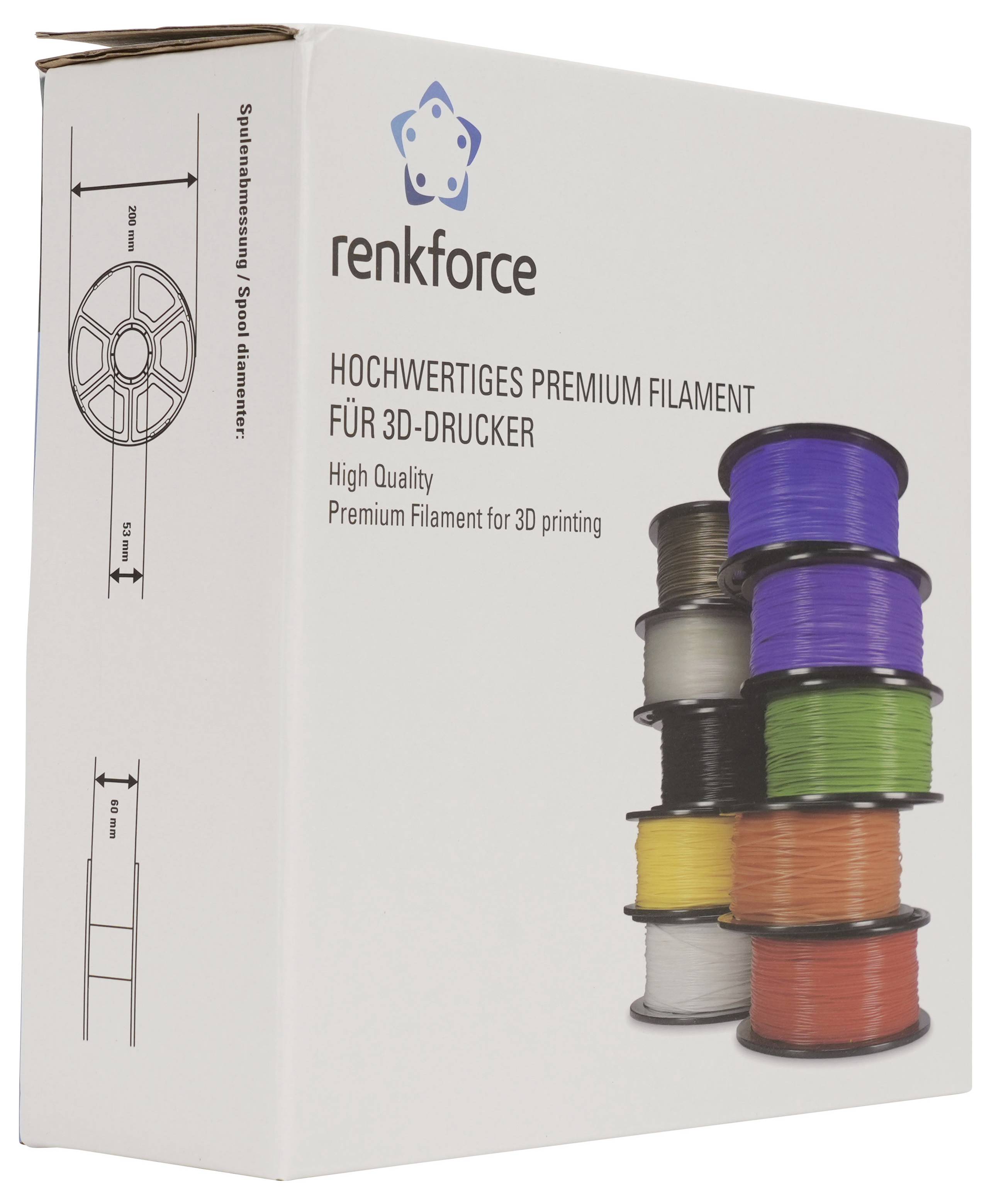 Renkforce Premium 3D-Drucker-Filament-Box mit gestapelten Spulen auf der Vorderseite abgebildet und deutscher Text, der hochqualitatives Filament bewirbt.