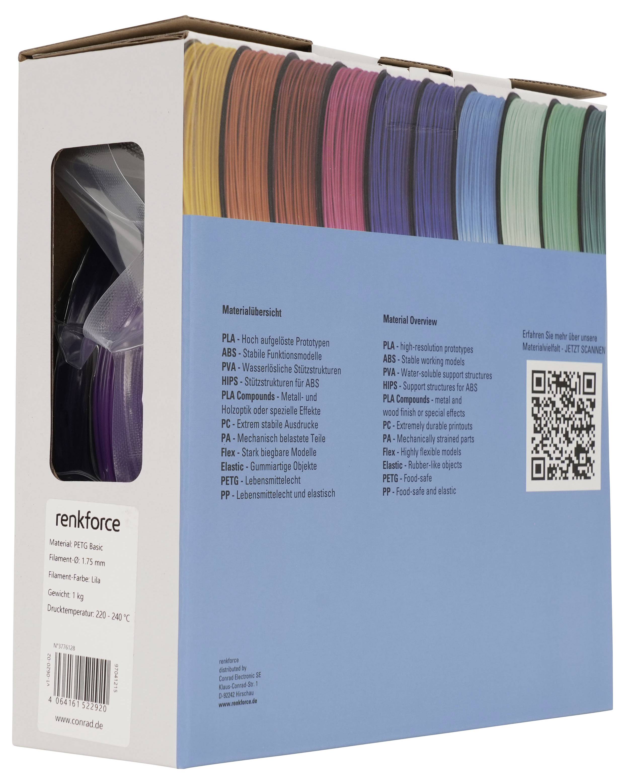 Karton mit renkforce 3D-Druckerfaden, der mehrfarbige Spulen an der oberen Kante zeigt und einen deutschen Materialübersichtstext mit QR-Code auf der Vorderseite.