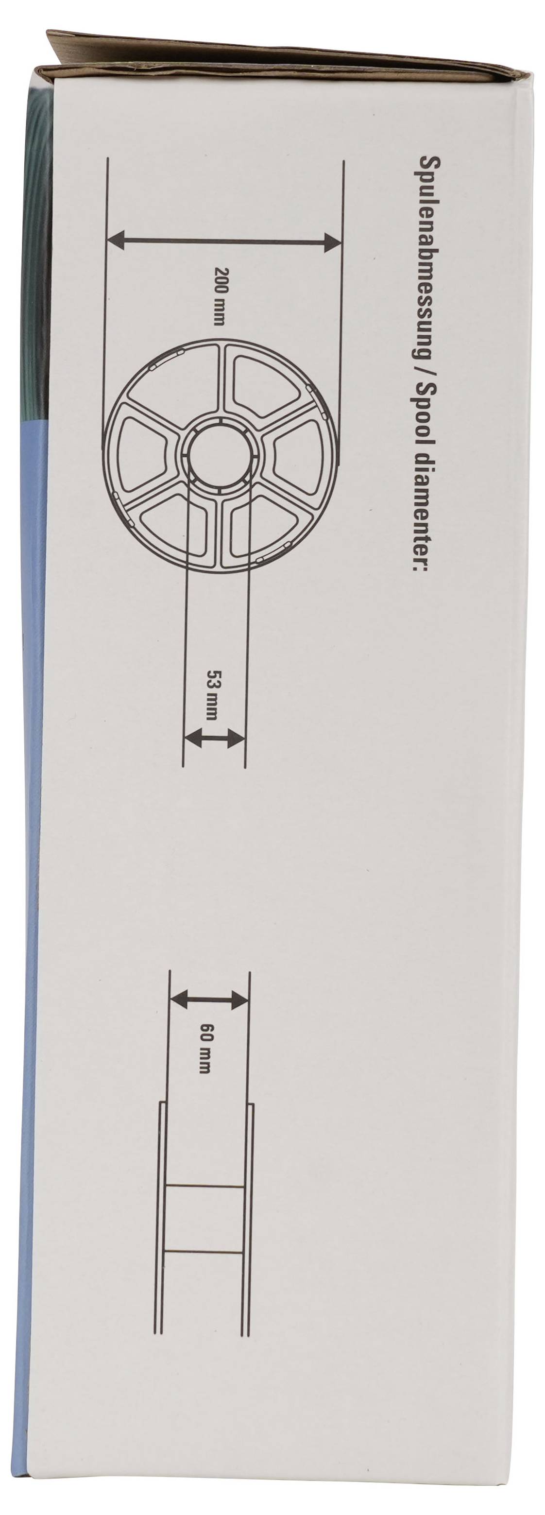 Seitenansicht eines Produktkartons mit einem Spulendiagramm mit der Bezeichnung „Spulenabmessung / Spulendurchmesser" und den Abmessungen 50 mm und 33 mm.