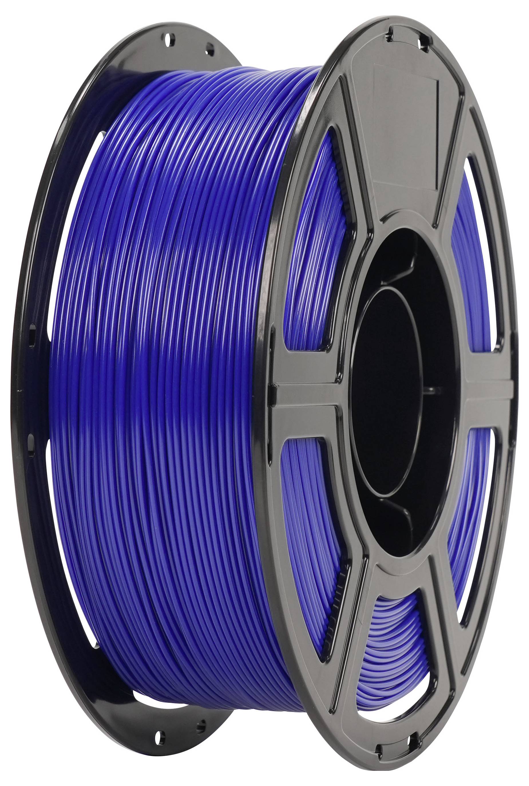 Spule mit blauem 3D-Druckfilament auf einer schwarzen Spule, isoliert auf weißem Hintergrund.