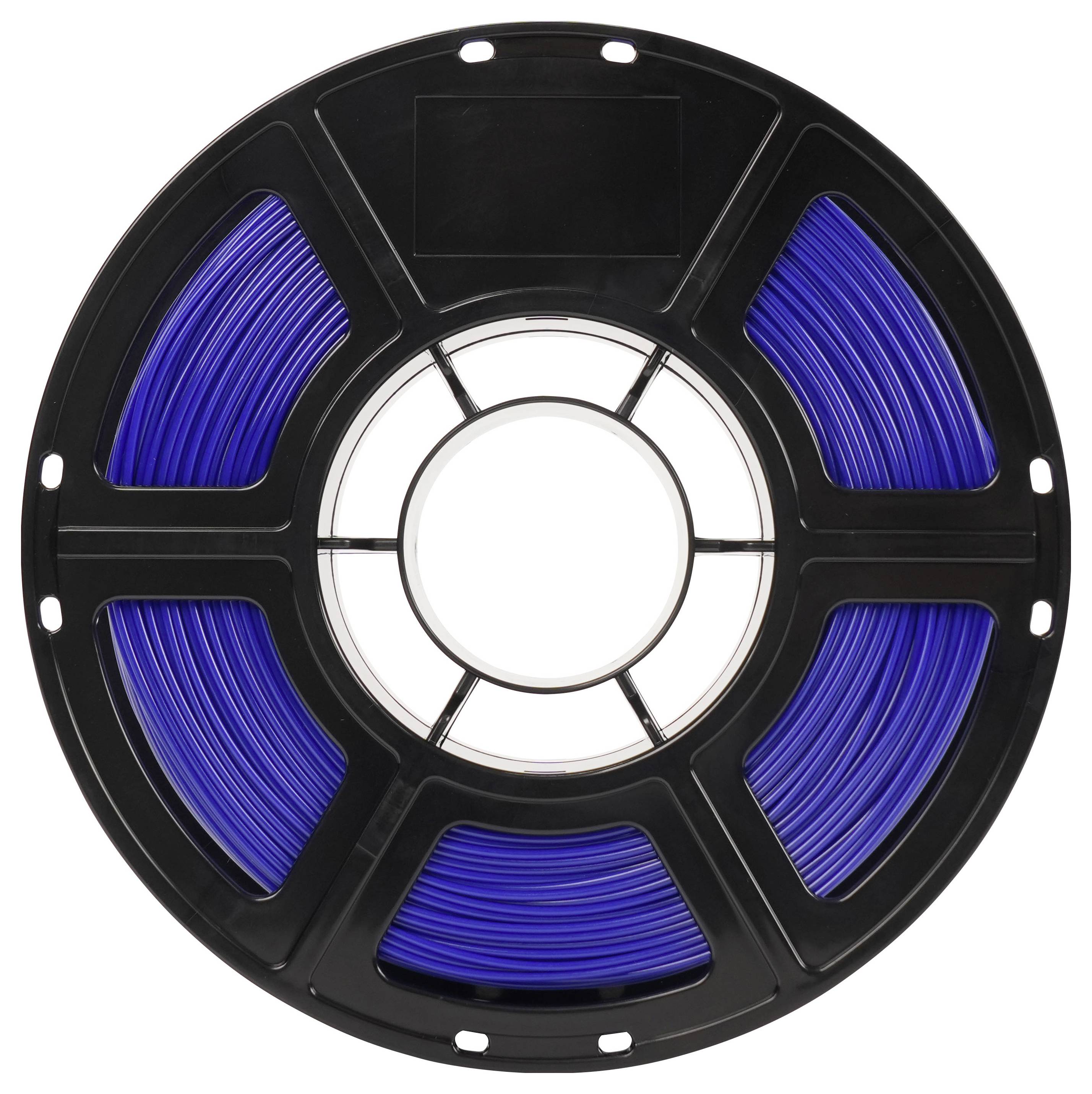 Schwarze Spulenrolle mit blauem 3D-Druckfilament, von vorne auf weißem Hintergrund fotografiert.