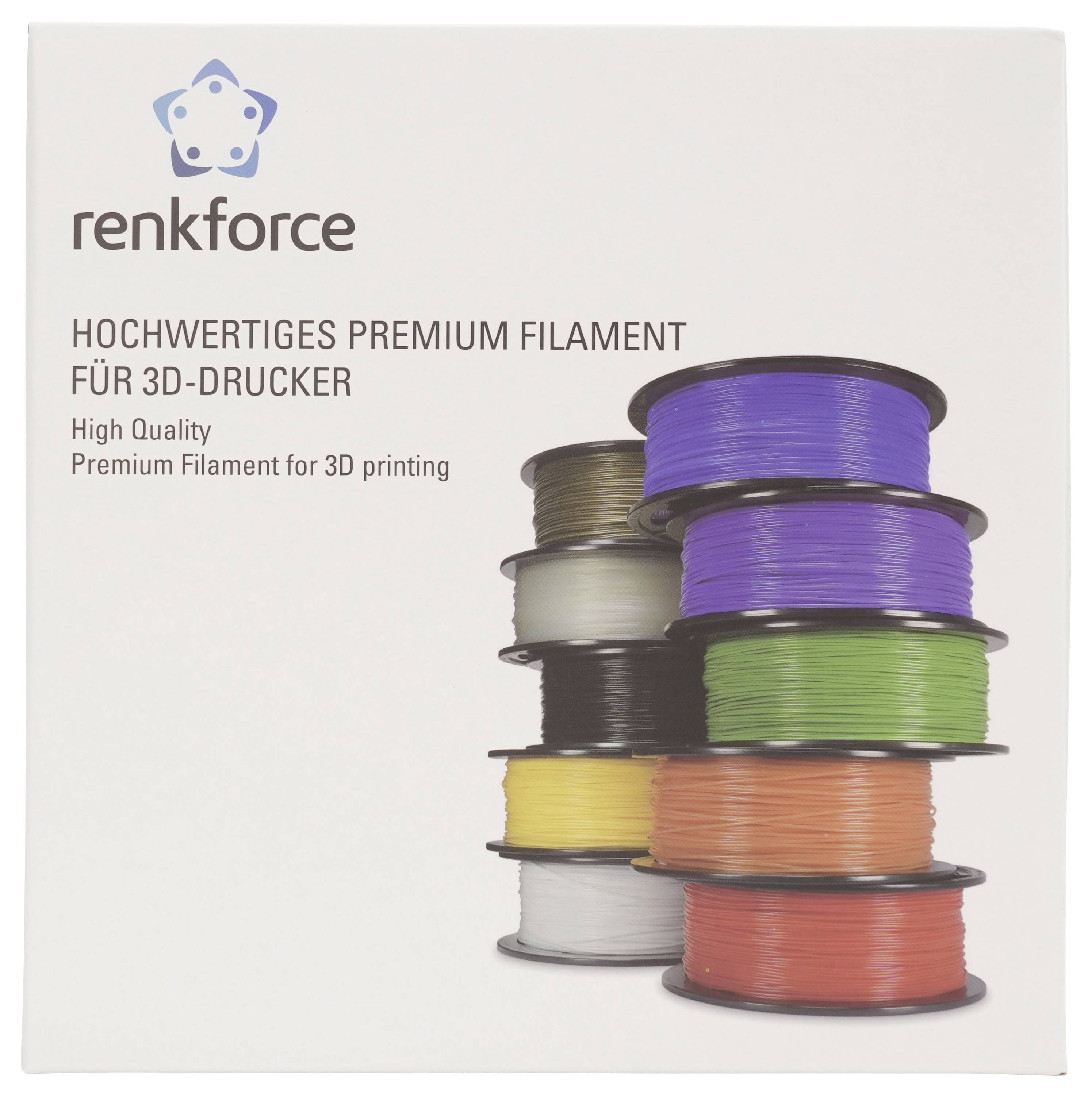 Renkforce Premium 3D-Drucker-Filament-Verpackung mit gestapelten Spulen in mehreren Farben und Text „Hochwertiges Premium Filament für 3D-Drucker"