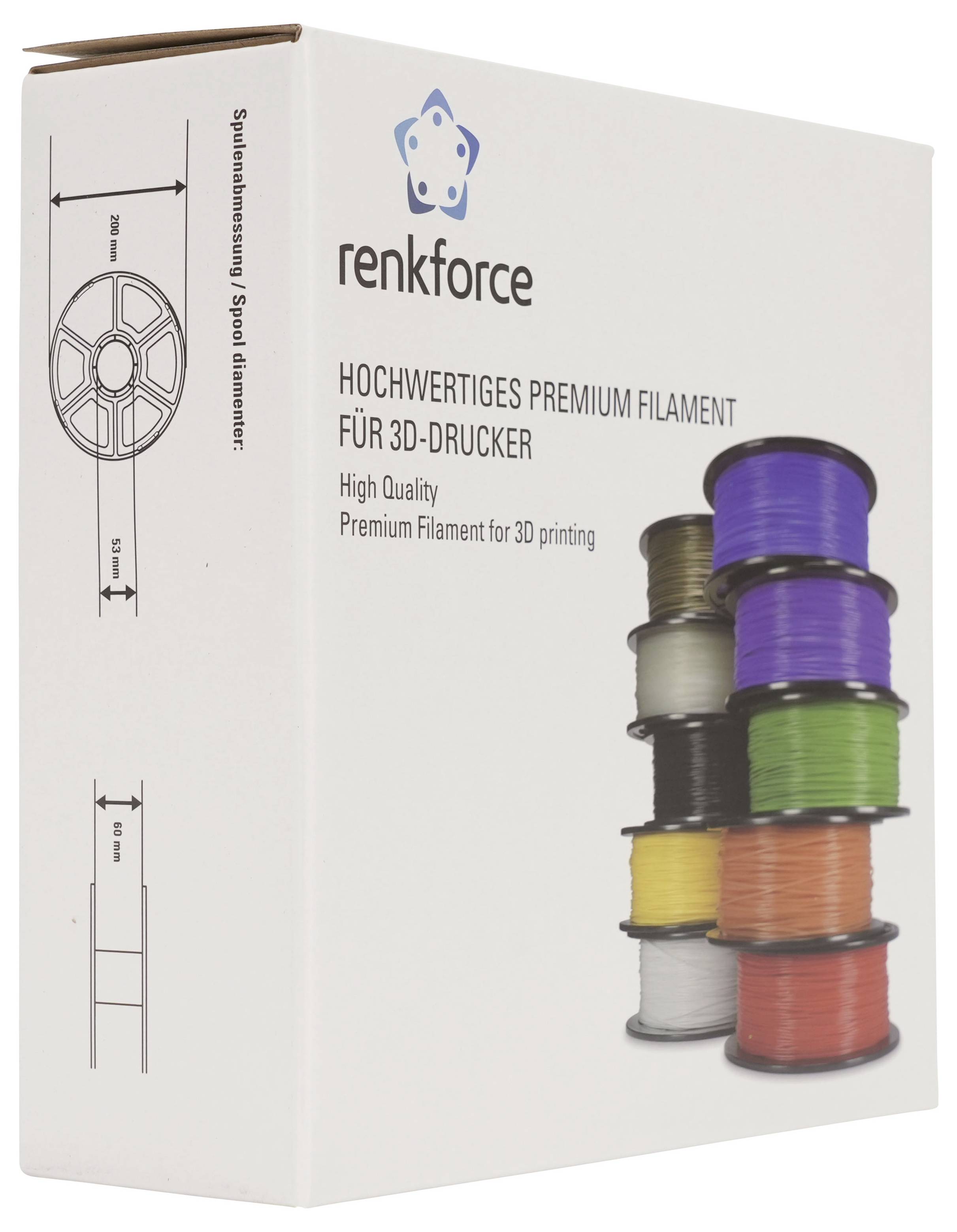 Renkforce Premium-3D-Druckerfilament-Verpackung mit gestapelten Spulen und Produktgrößendiagramm auf der Schachtel.