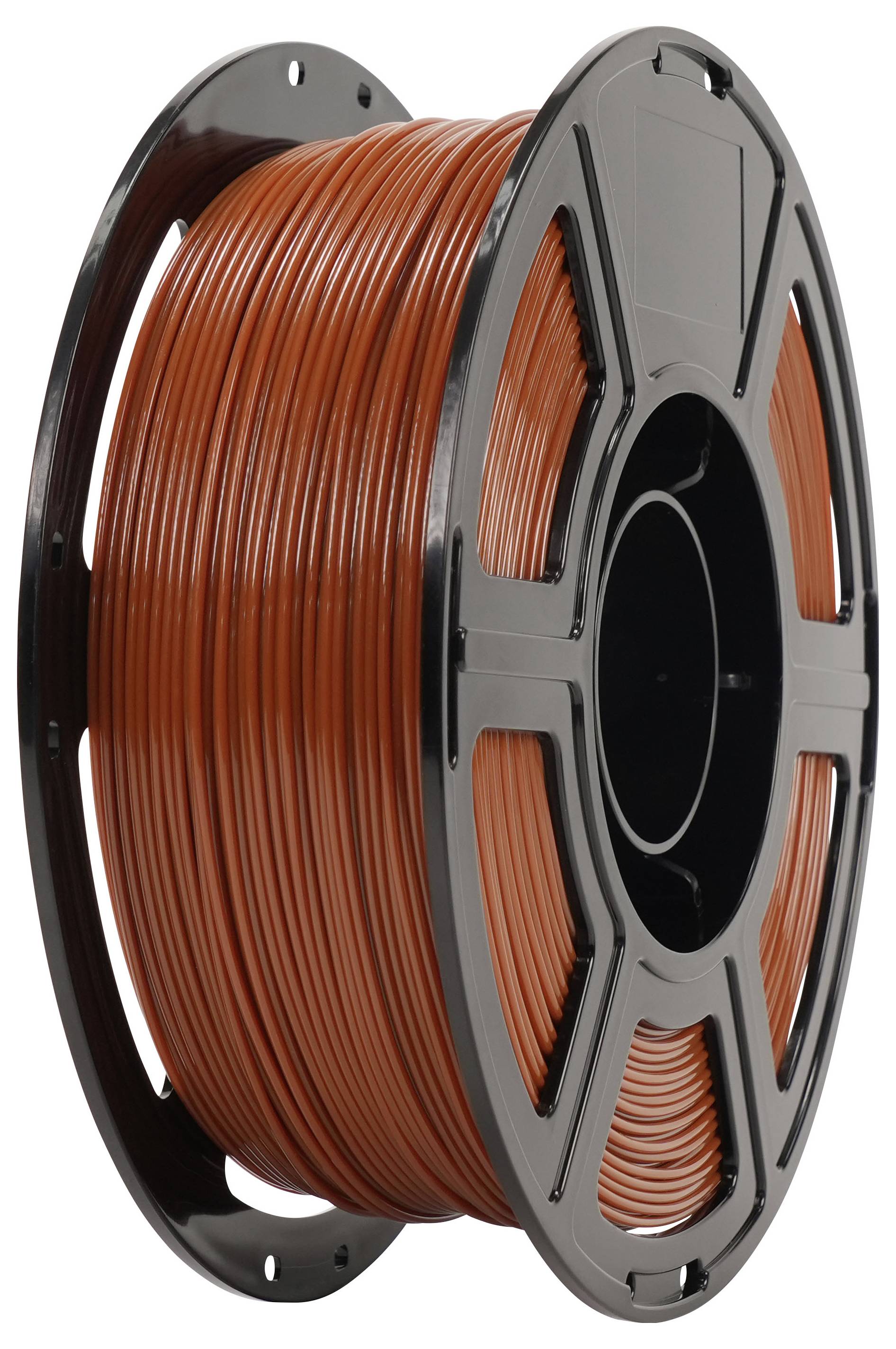 Spule mit orange isoliertem Draht oder Kabel auf einer schwarzen Spule, vor weißem Hintergrund dargestellt.