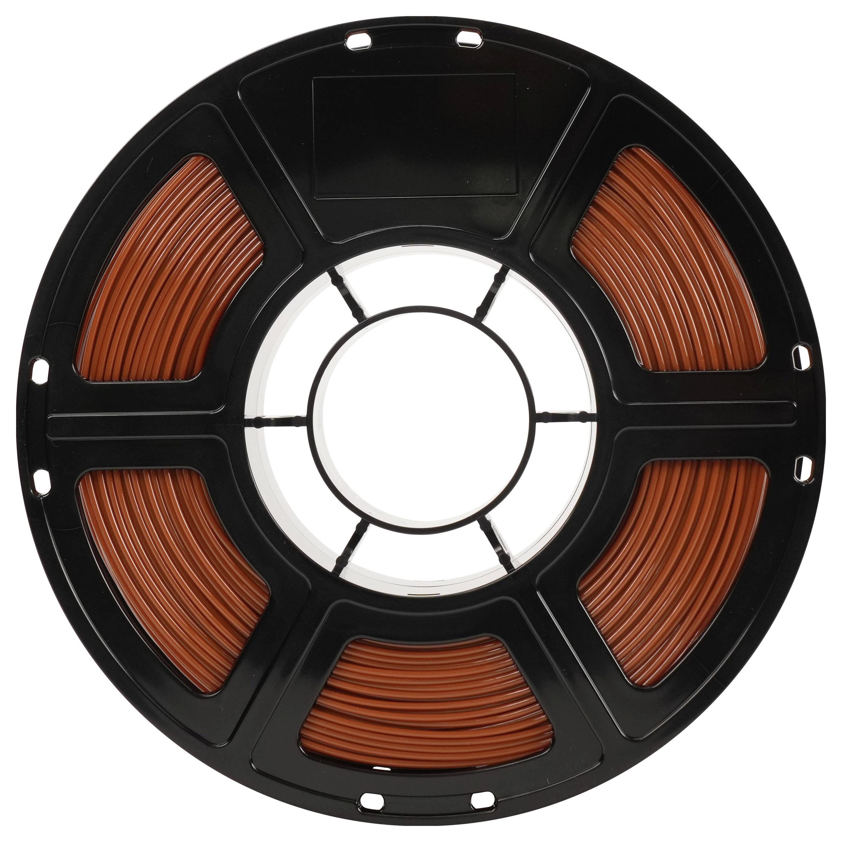Spule mit orangefarbenem Filament auf einer schwarzen Spule, zentriert auf weißem Hintergrund.