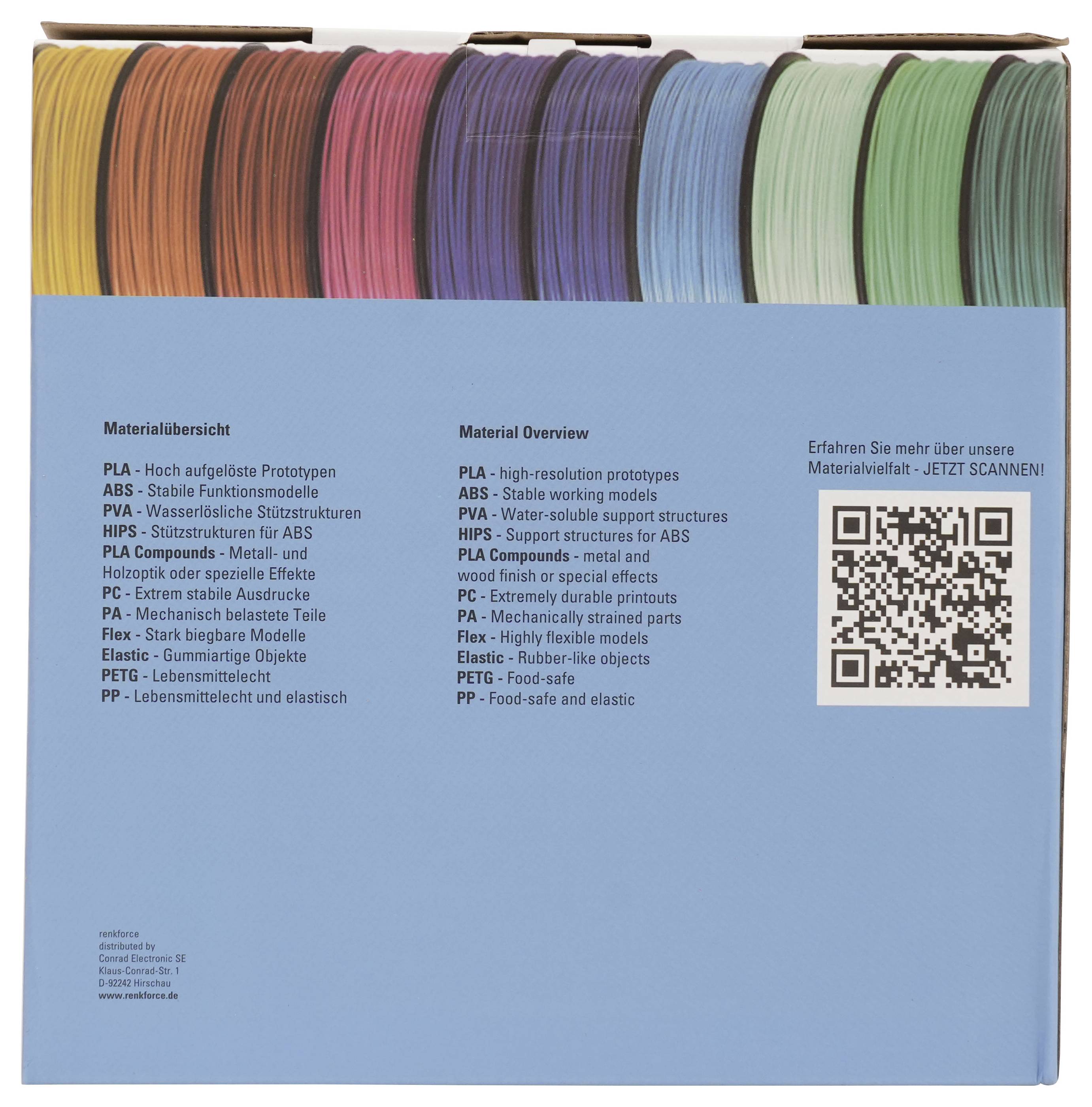 Broschürencover mit bunten gestapelten 3D-Druckerfilament-Spulen und einer Materialübersicht mit einem QR-Code für weitere Informationen.