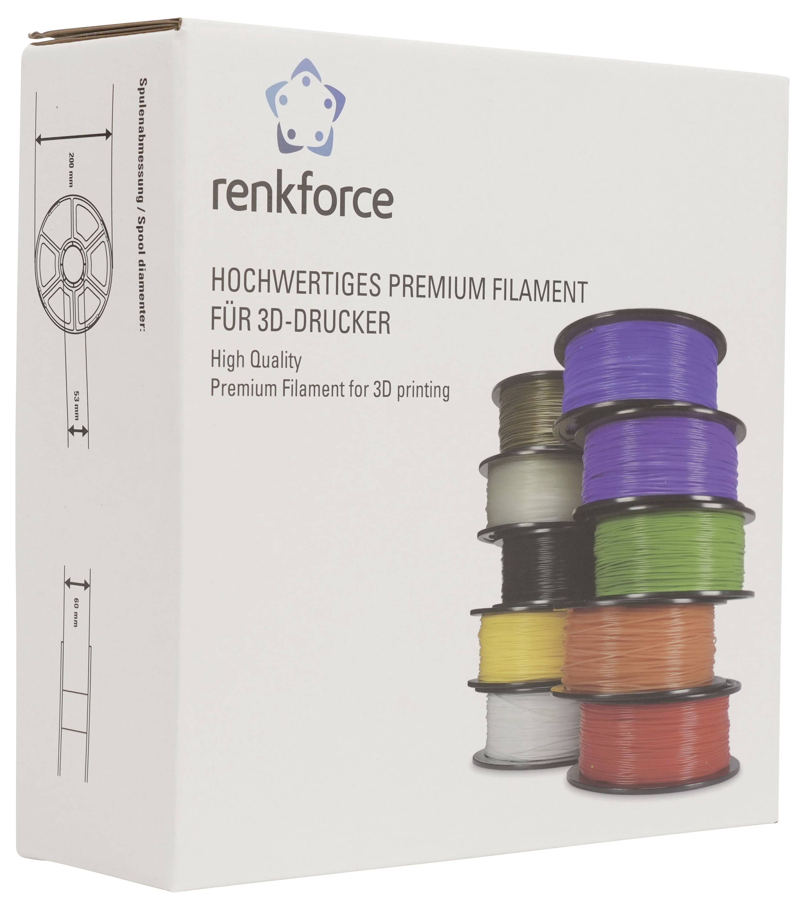 Schachtel mit Renkforce Premium-3D-Druckerfilament, mit gestapelten Spulen in mehreren Farben und dem Text „HOCHWERTIGES PREMIUM FILAMENT FÜR 3D-DRUCKER" und „High Quality Premium Filament for 3D printing".