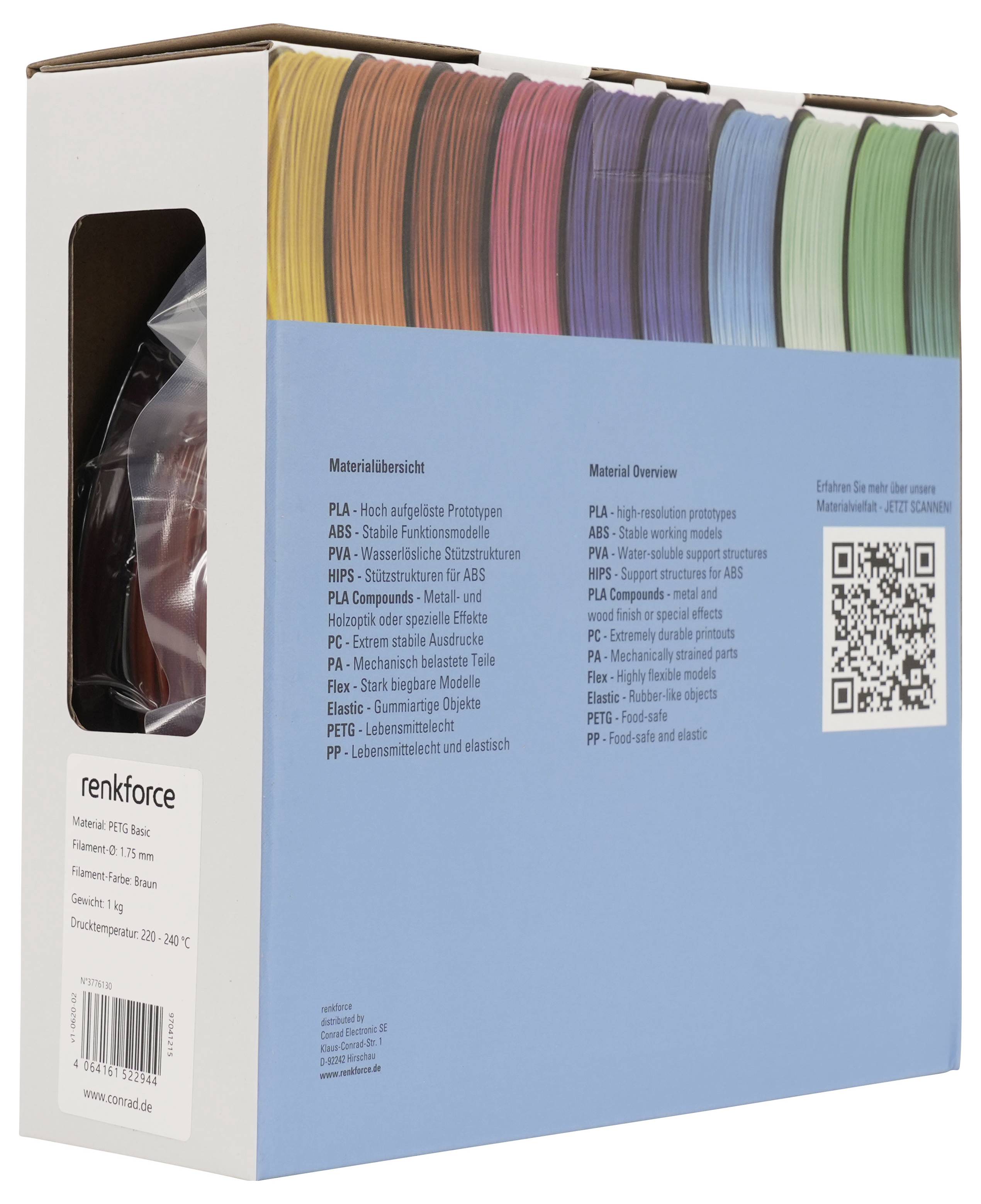 Blauer Renkforce Lagerbehälter für 3D-Drucker-Filamente, der mehrfarbige Filamentspulen durch die obere Öffnung zeigt, eine Inhaltsliste und einen QR-Code auf der Vorderseite.