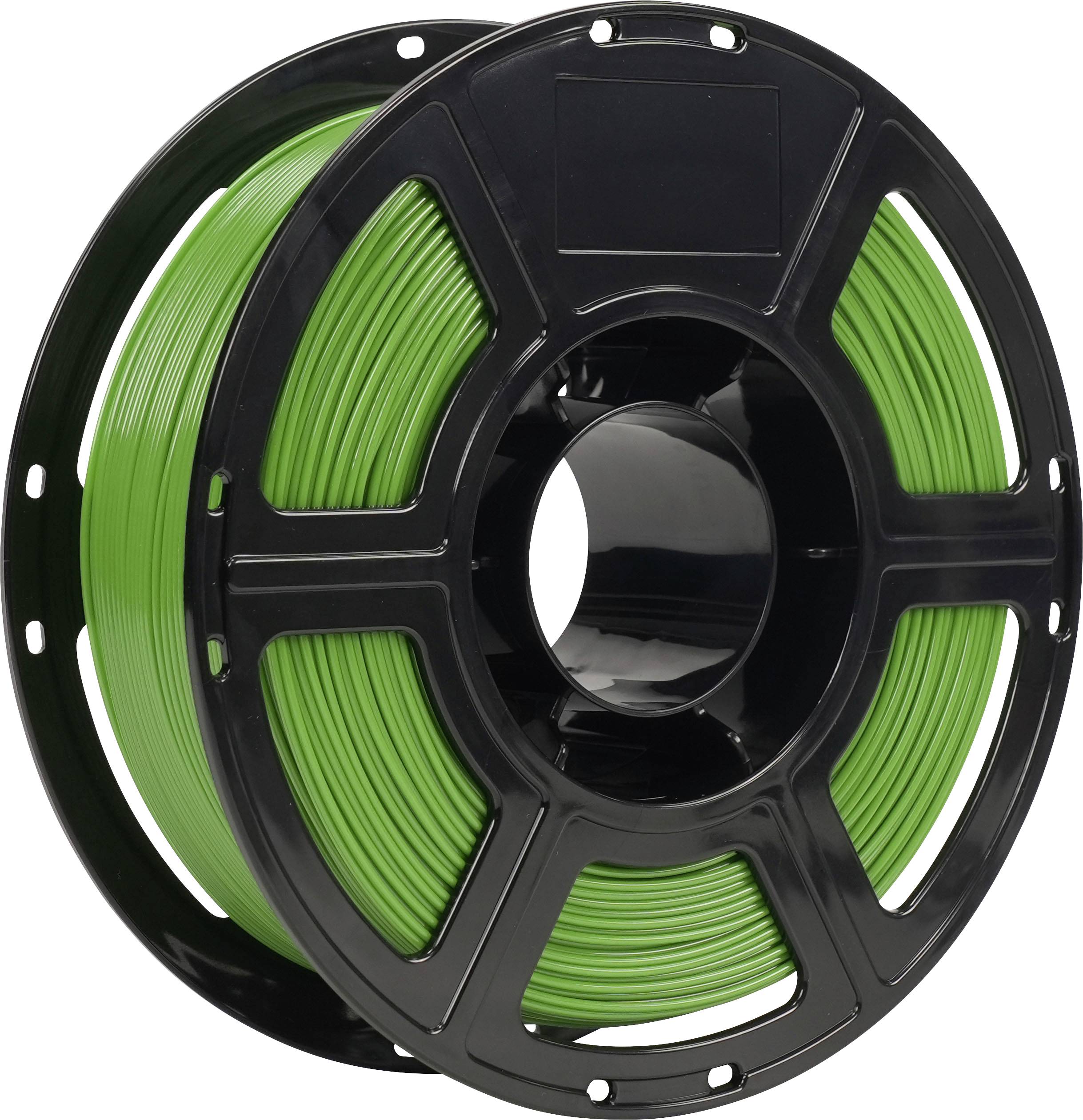 Spule mit leuchtend grünem 3D-Drucker-Filament auf einer schwarzen Spule vor weißem Hintergrund.