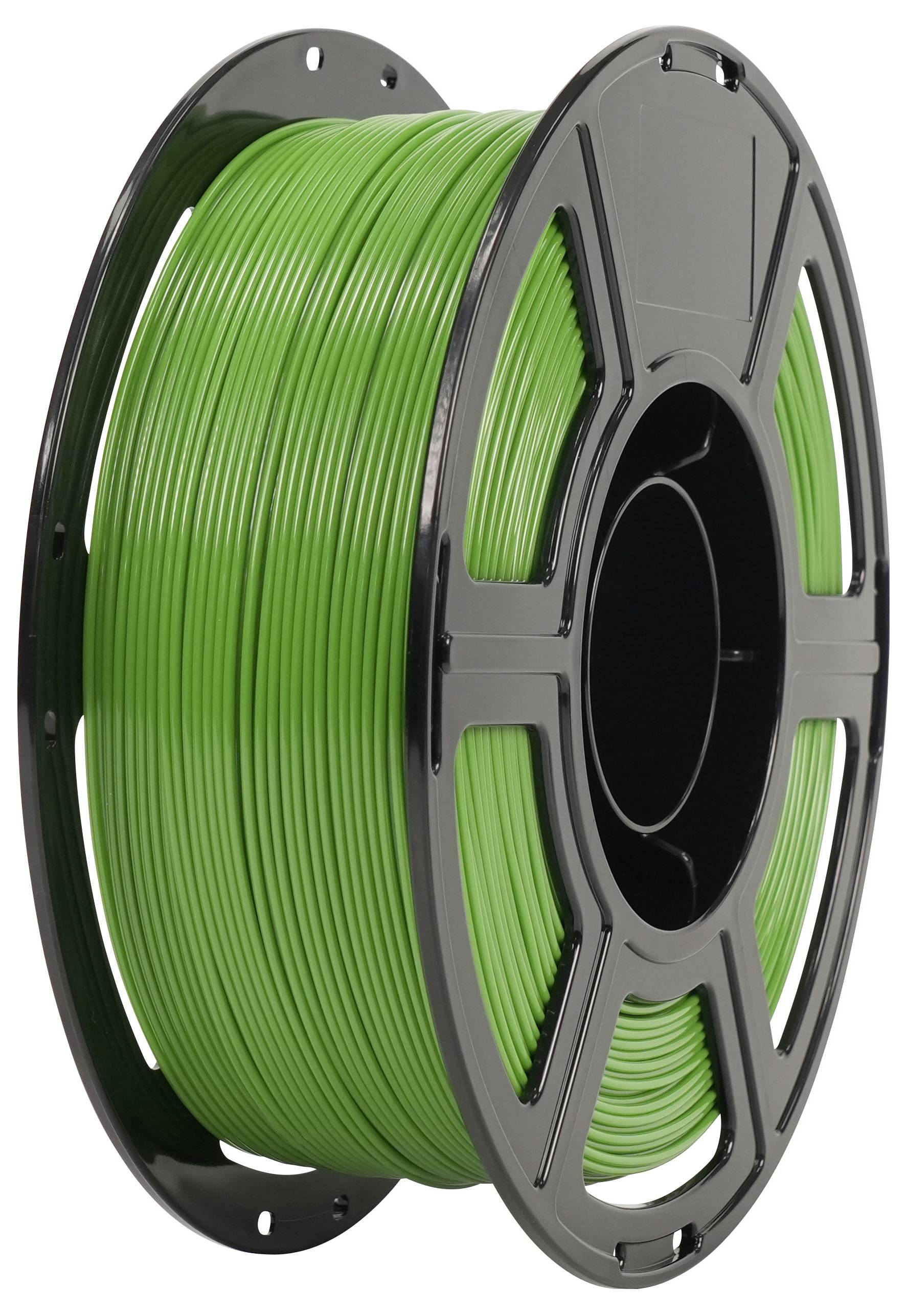 Spule mit leuchtend grünem 3D-Drucker-Filament auf einer schwarzen Spule, vor weißem Hintergrund dargestellt.