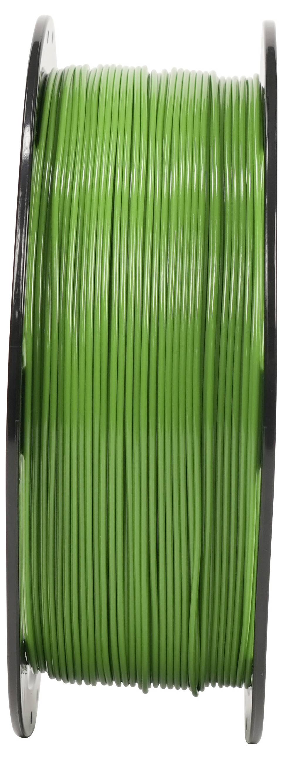 Spule mit grünem Filament oder Draht, der auf eine Spule aufgewickelt ist, in einer Nahaufnahme vor weißem Hintergrund gezeigt.