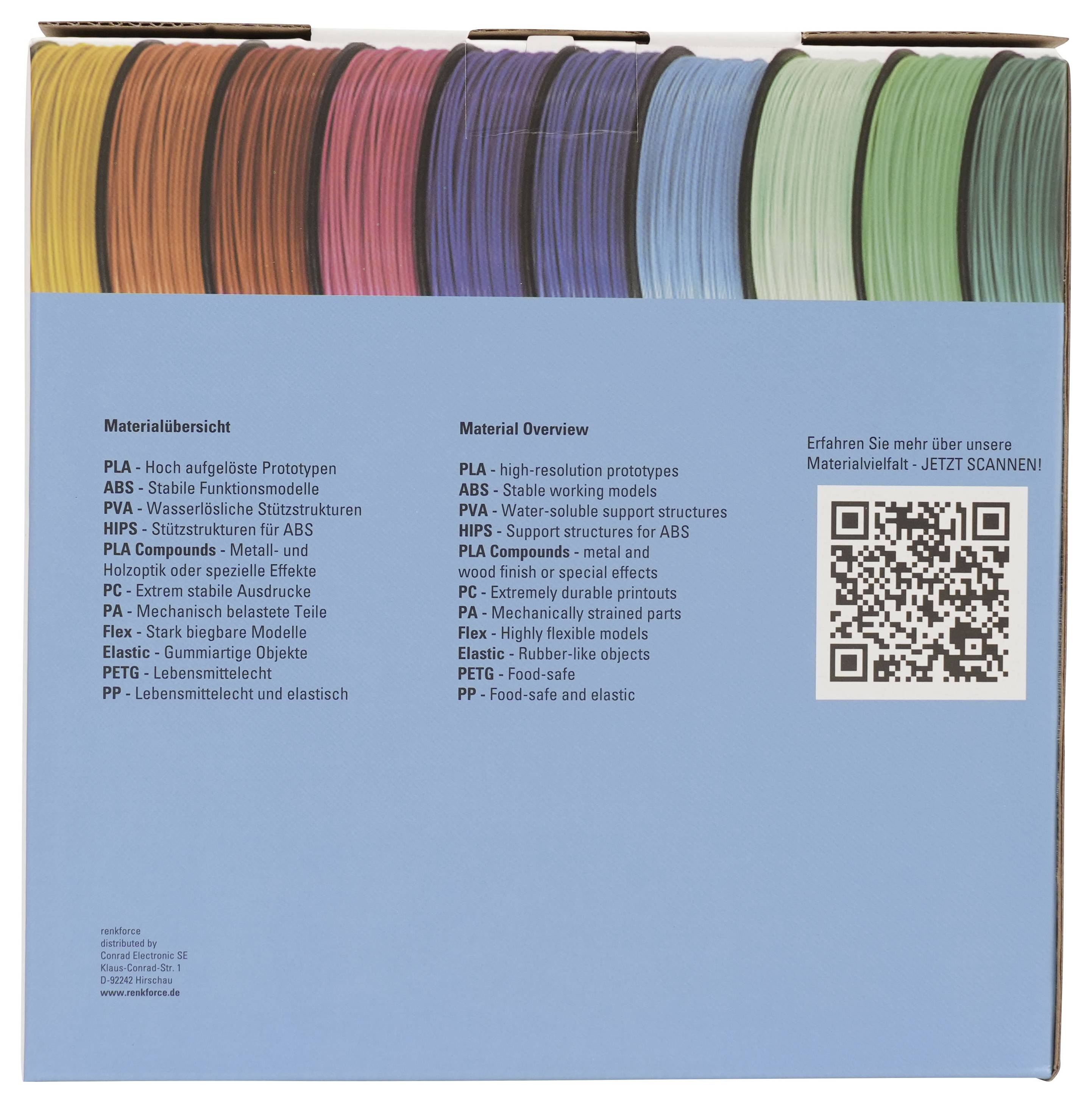 Anzeige von farbigen Materialmustern mit einer Liste "Materialübersicht" von 3D-Druckfilamenten und einem QR-Code für weitere Informationen.