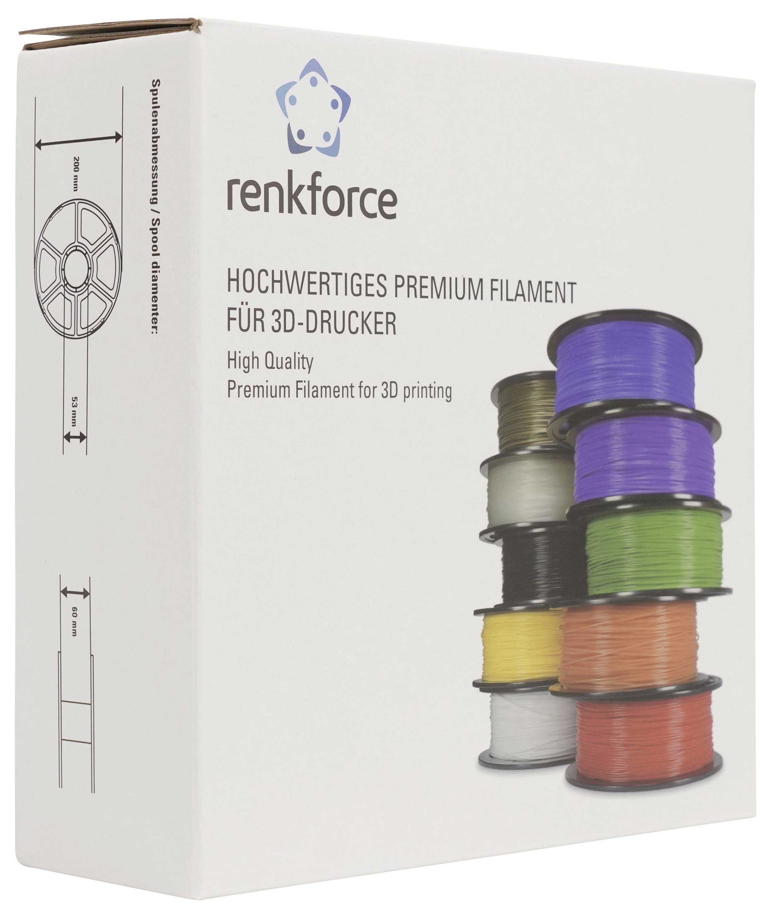 Karton mit Renforce 3D-Druckfilament mit der Beschriftung "HOCHWERTIGES PREMIUM FILAMENT FÜR 3D-DRUCKER", das gestapelte Spulen in mehreren Farben zeigt.
