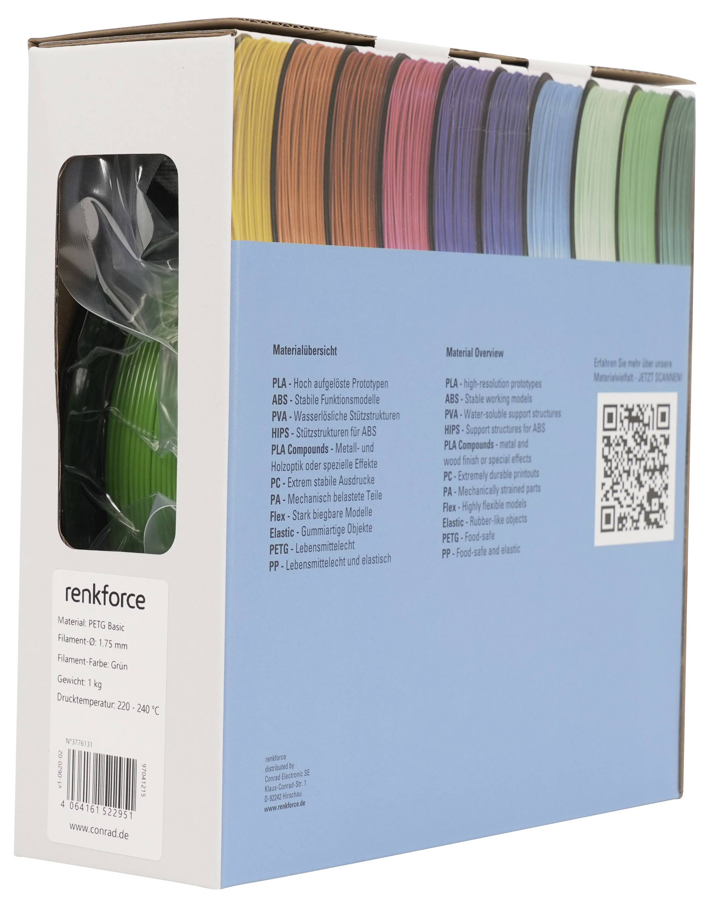 Karton mit Renkforce 3D-Drucker-Filamentrollen in verschiedenen Farben, dargestellt in Retail-Verpackung mit Materialtabelle und QR-Code.