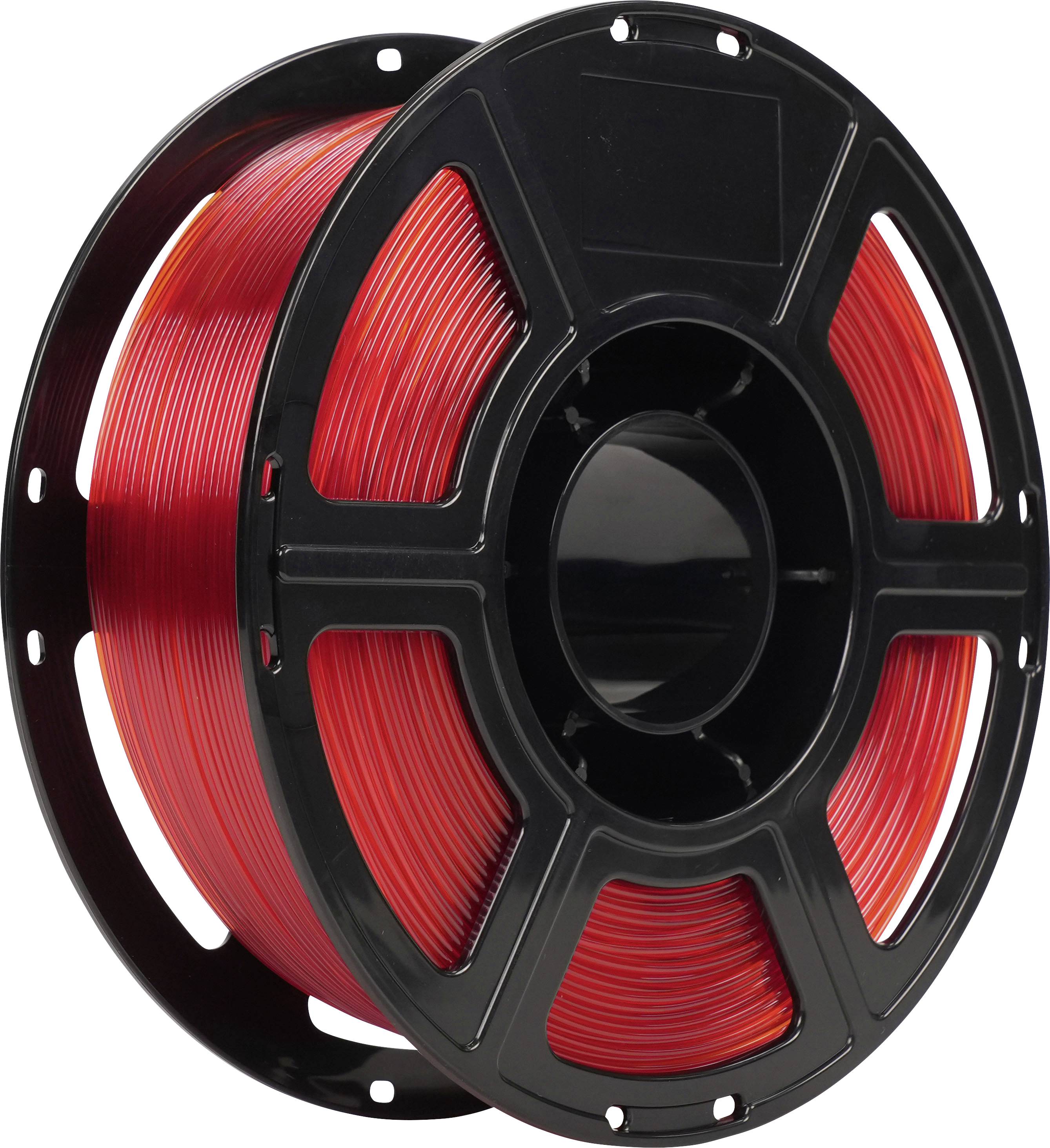 Schwarze Spule aus rotem 3D-Drucker-Filament auf weißem Hintergrund.