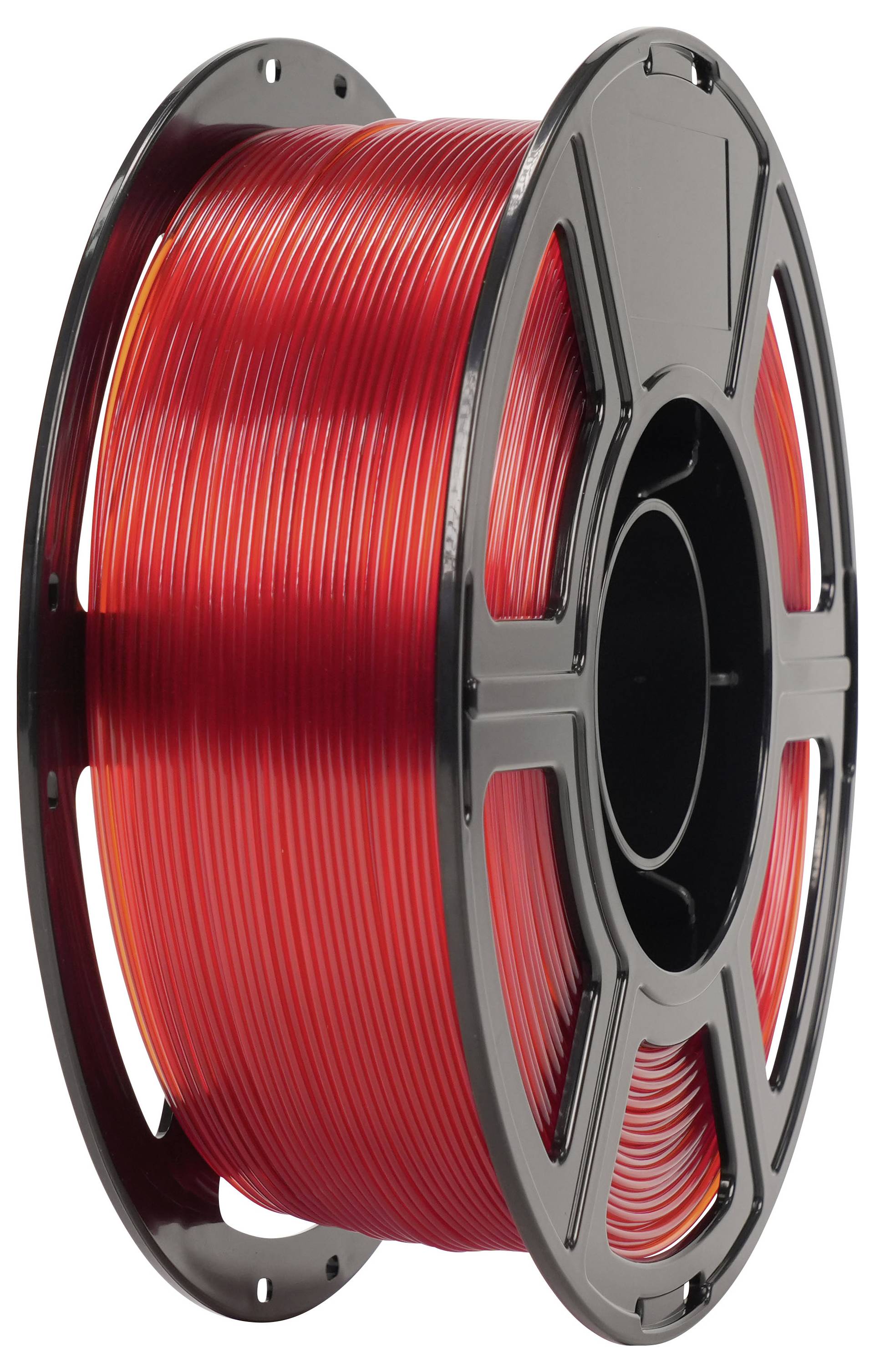 Spule mit rotem 3D-Druckfilament auf einer schwarzen Rolle, in Nahaufnahme auf weißem Hintergrund dargestellt.