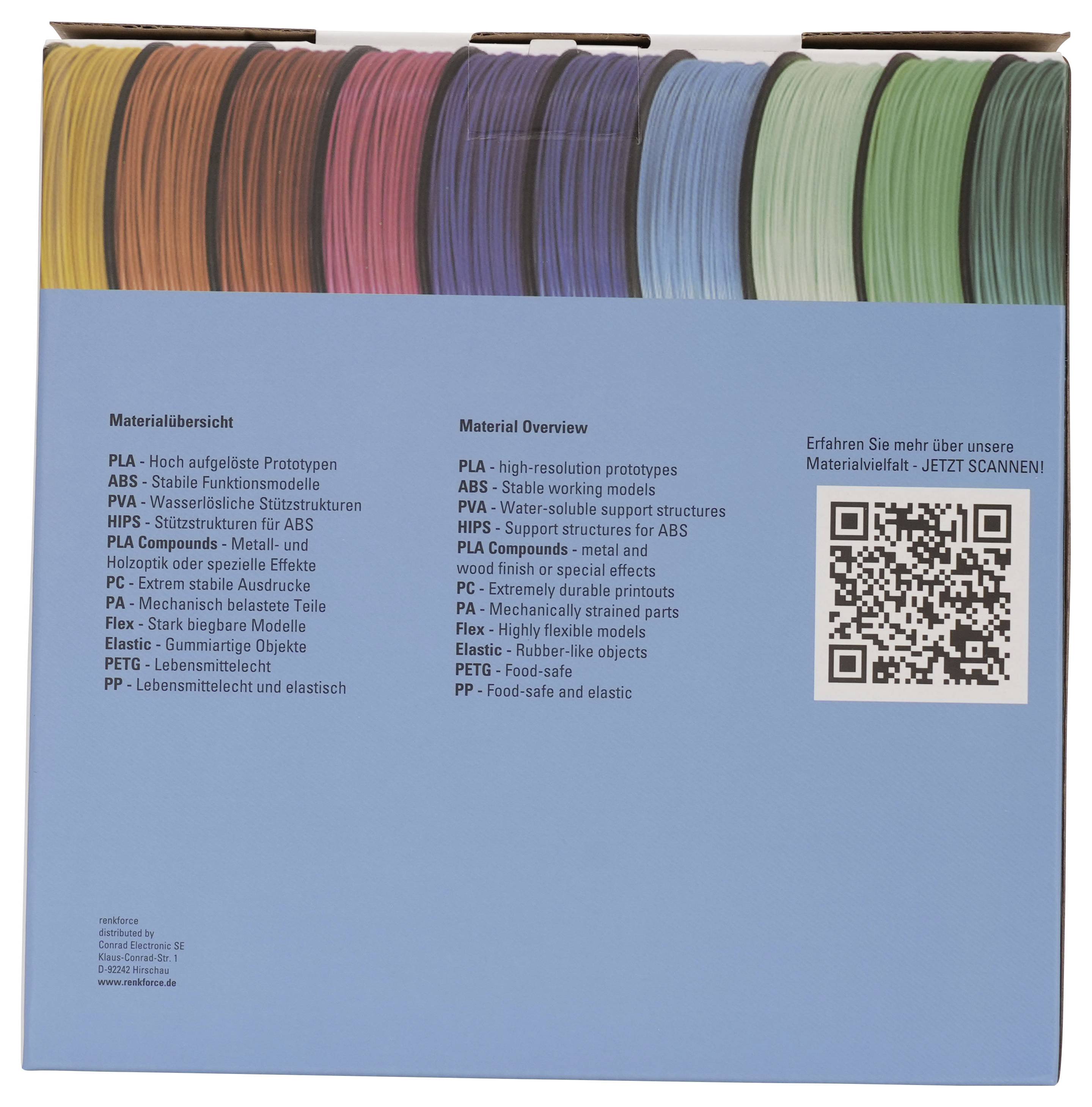 Übersichtsposter aus blauem Material, das 3D-Druck-Filamentfarben, Materialkategorien in Deutsch und Englisch sowie einen QR-Code zum Scannen für weitere Informationen zeigt.