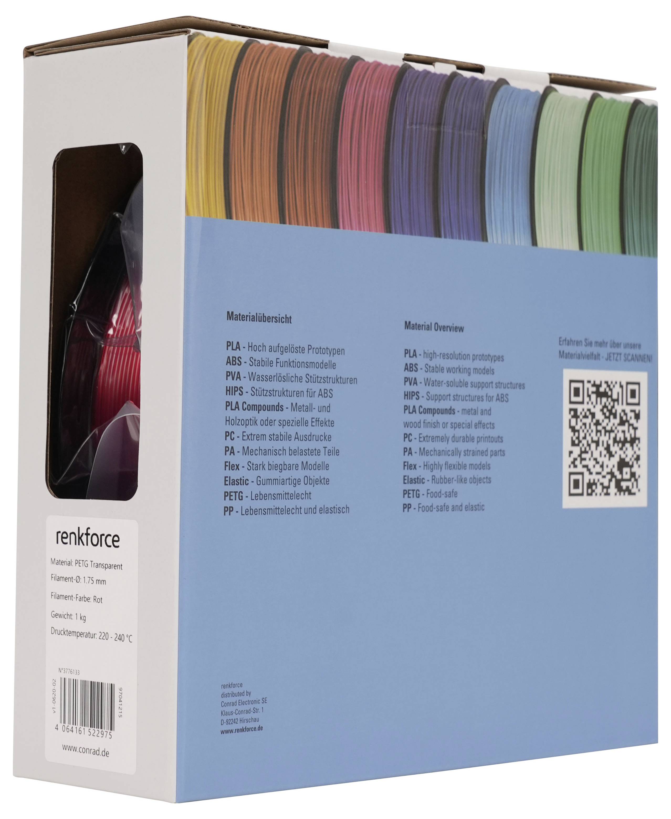 Karton mit Renkforce 3D-Drucker-Filamentspulen in verschiedenen Farben, dargestellt als Einzelhandelsverpackung mit Produktdetails und QR-Code.