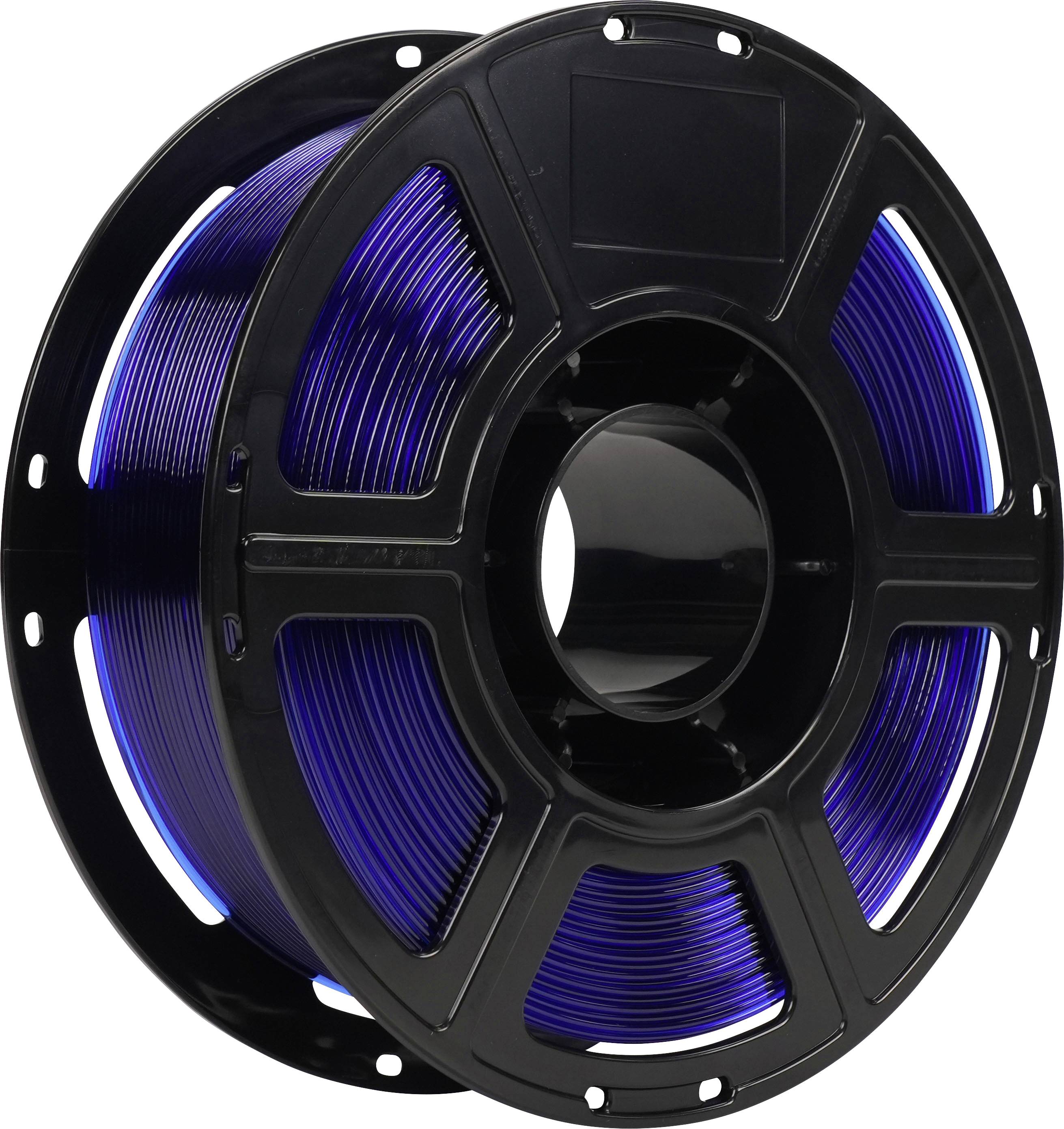 Schwarze Spule mit blauem 3D-Druckfilament auf weißem Hintergrund