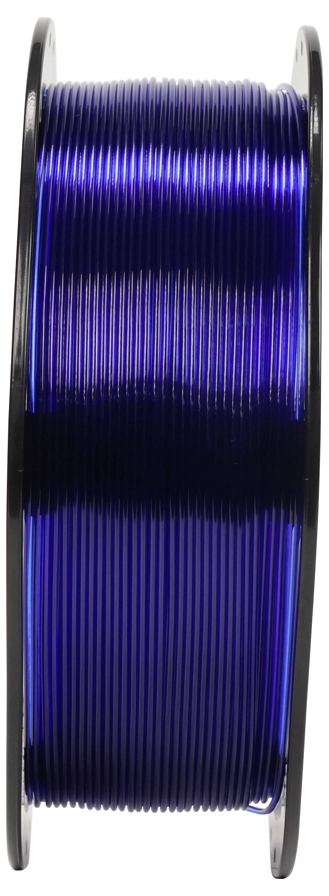 Spule mit blauem Filament oder Draht, fest auf einer schwarzen Spule aufgewickelt, in Seitenansicht vor weißem Hintergrund gezeigt.