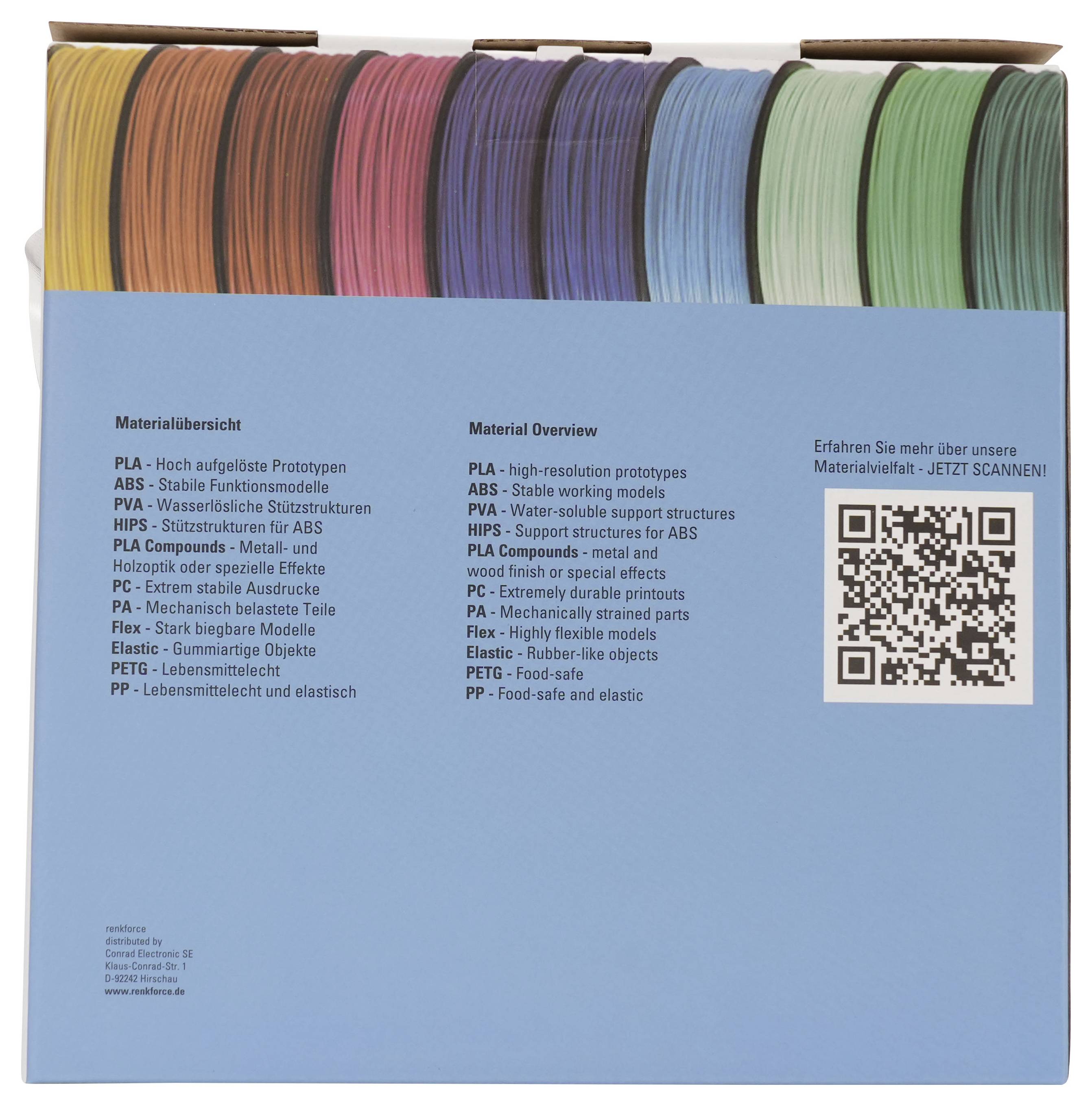 Blauer Mustermappen-Ordner mit der Beschriftung "Materialübersicht" mit farbigen Mustern und einem QR-Code für weitere Informationen.