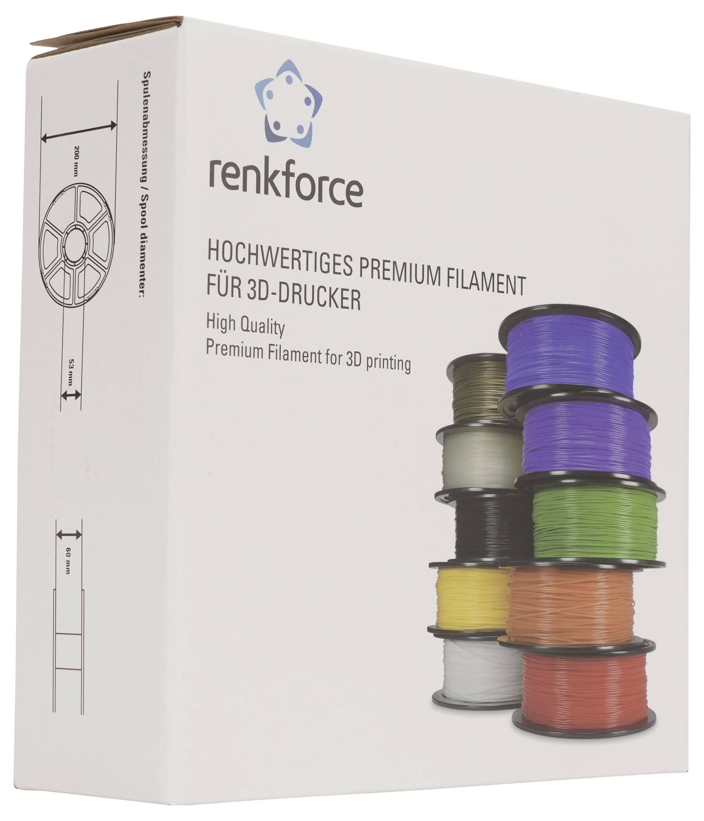 Schachtel mit renkforce premium 3D-Druckfilament mit gestapelten farbenfrohen Filamentspulen auf der Vorderseite abgebildet.