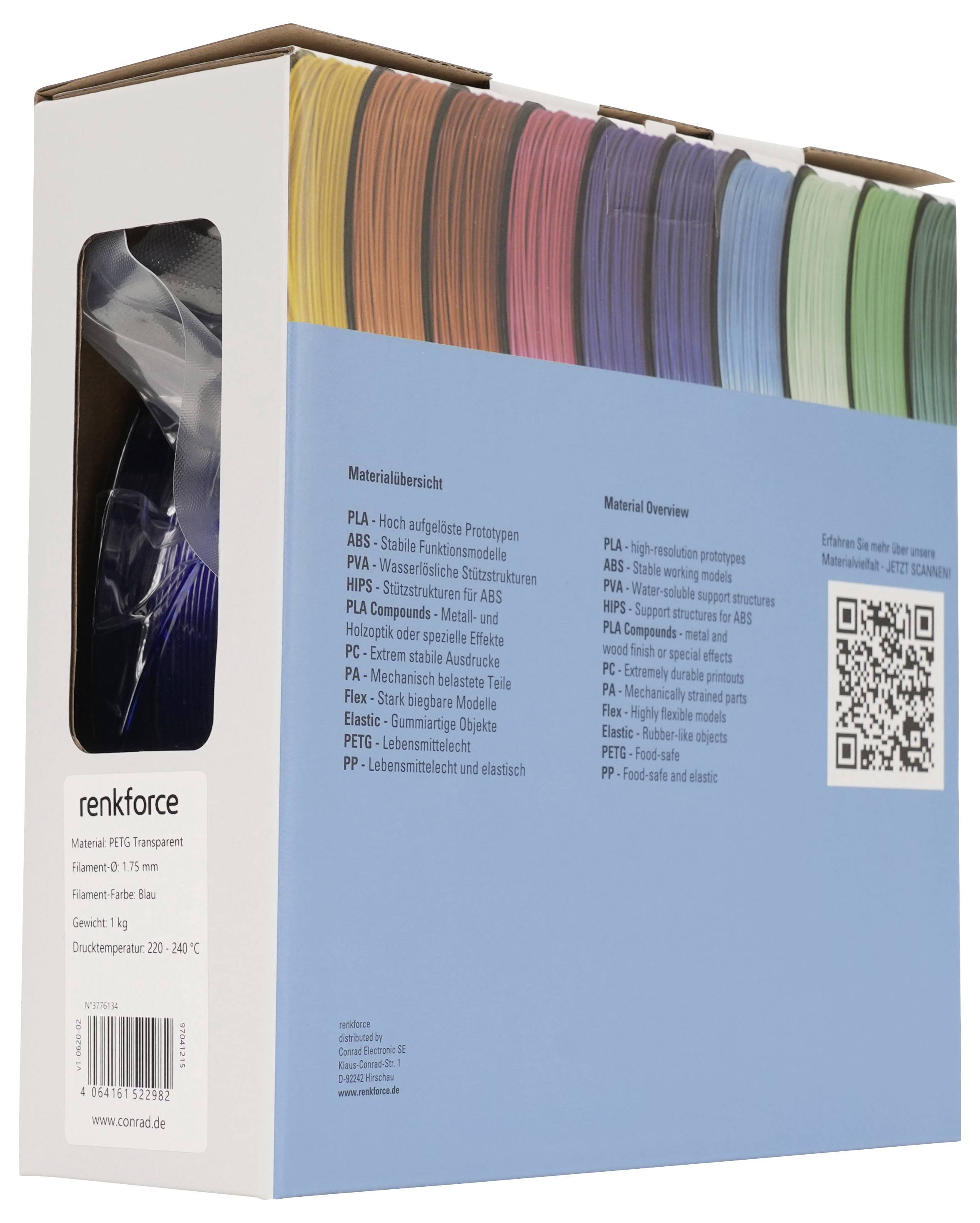 Einzelhandelspackung von Renforce 3D-Drucker-Filament mit verschiedenfarbigen Filamentrollen und einem QR-Code auf der Vorder- und Seitenseite.