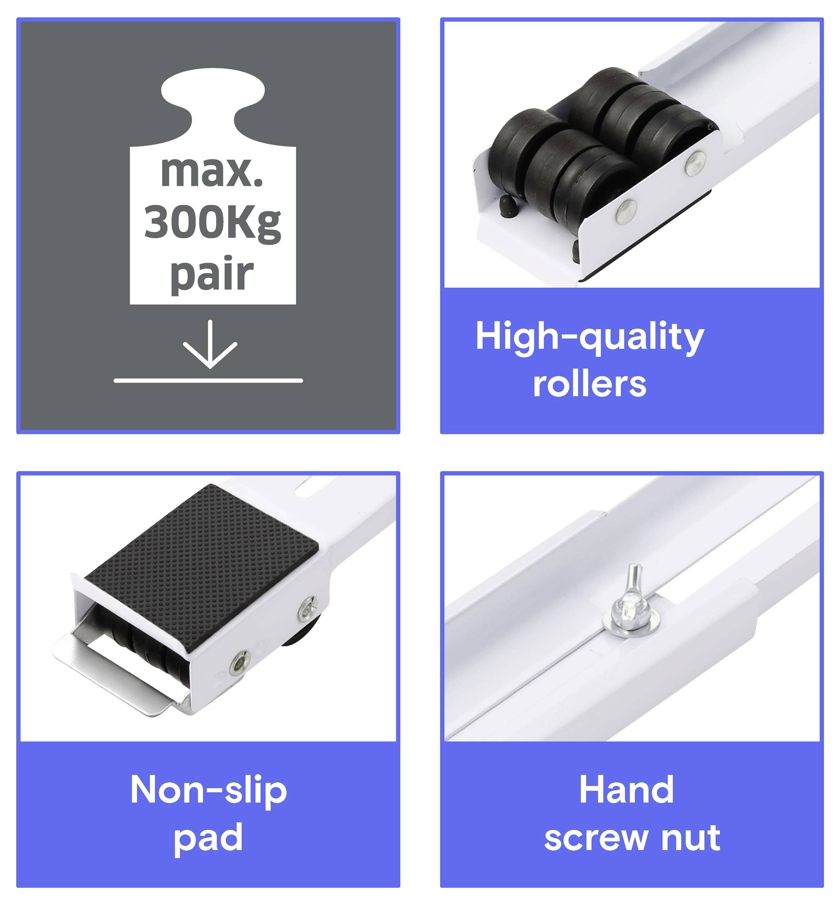 Produktmerkmalsgrafik mit maximaler Paarlast von 300 kg, hochwertige Rollen, rutschfeste Pads und Handschraubenmutter für ein Schiebetür- oder Schienensystem.