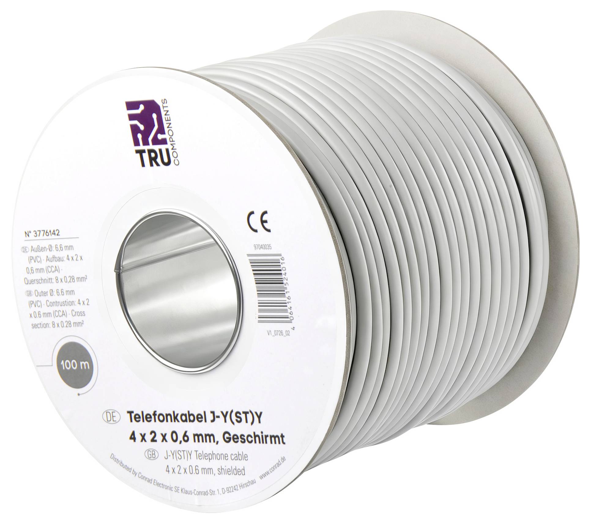 Spule mit grauem Telefonkabel beschriftet mit „Telefonnkabel J-Y(ST)Y 4 x 2 x 0,6 mm, Geschirmt" mit TRU-Logo und 100 m Länge.