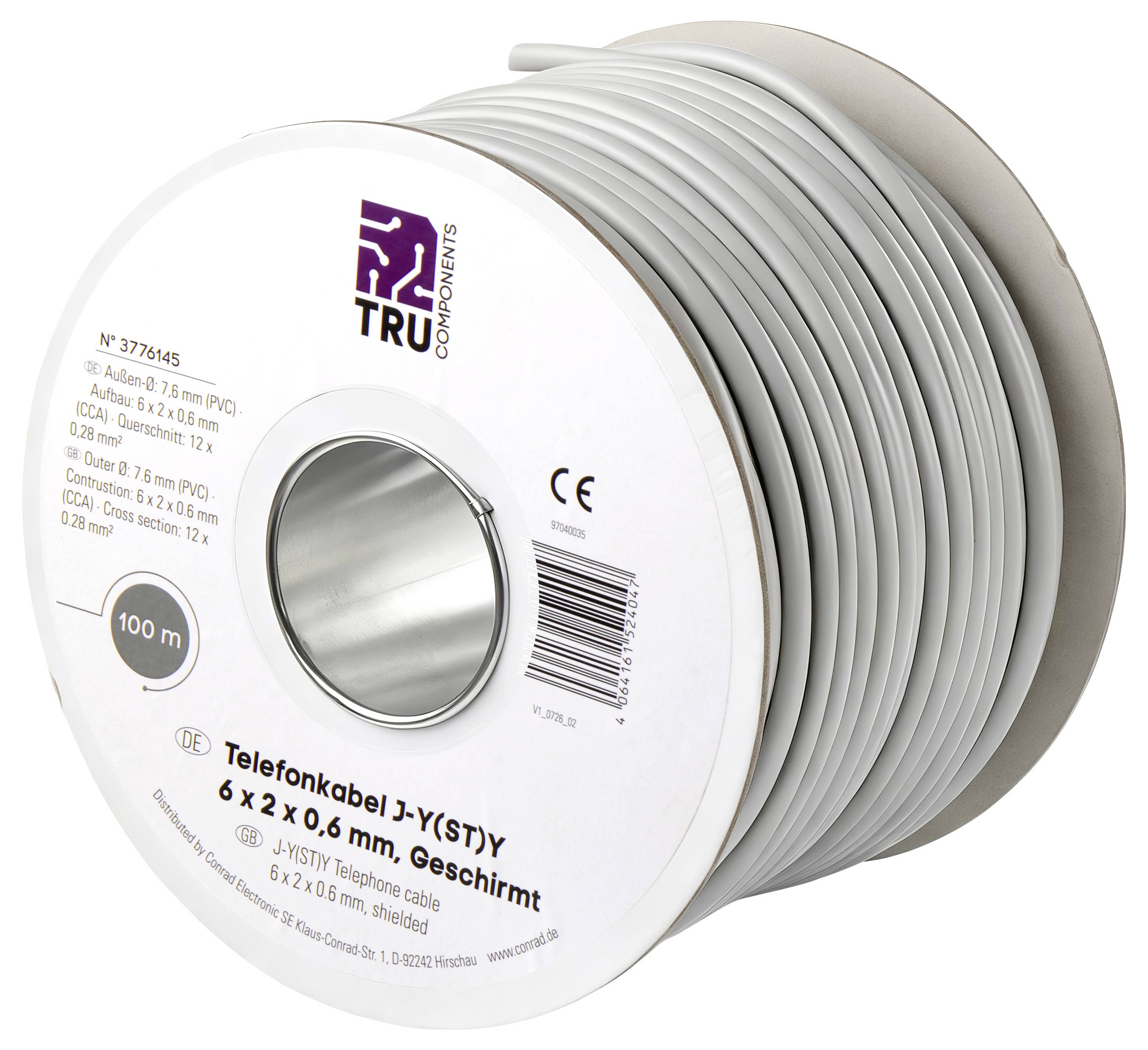 Eine Spule mit grauem TRU Components Telefonkabel mit der Bezeichnung „Telefonkabel J-Y(ST)Y 6 x 2 x 0,6 mm, Geschirmt" und „100 m".