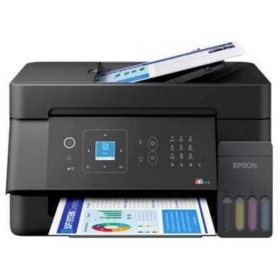 Schwarzer Epson-Multifunktionsdrucker beim Drucken eines Farbdokuments, mit sichtbarem Tintenbecher auf der rechten Seite und Papierförderung von oben und vorne.