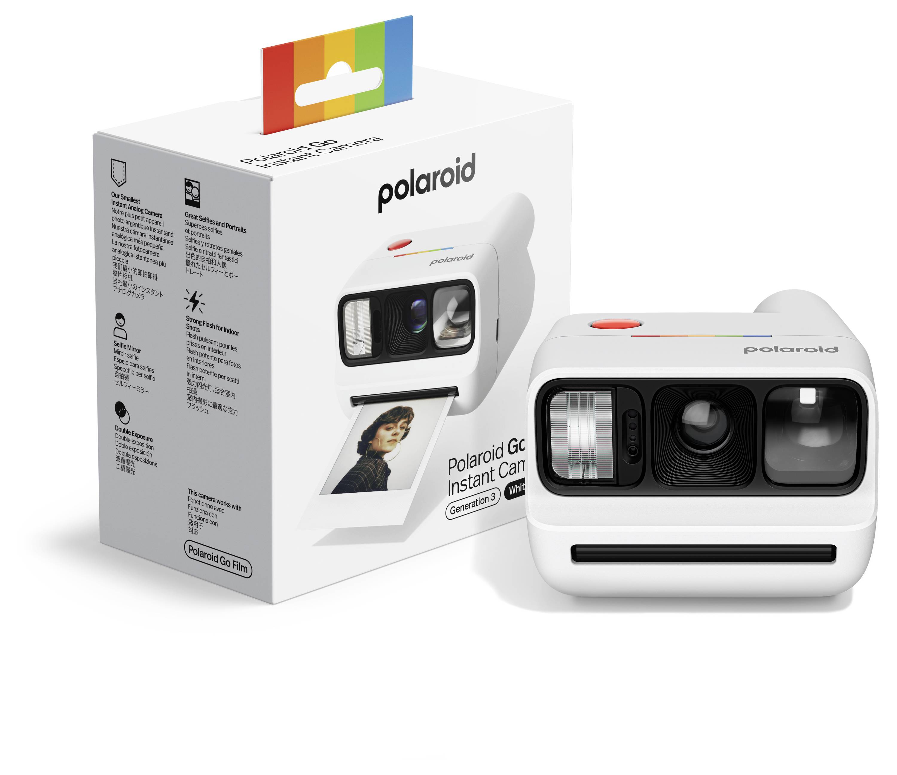 Polaroid-Sofortbildkamera in Weiß mit Verpackung, zeigt die Kameravorderseite und bedruckte Produktbox mit Beispielfoto.