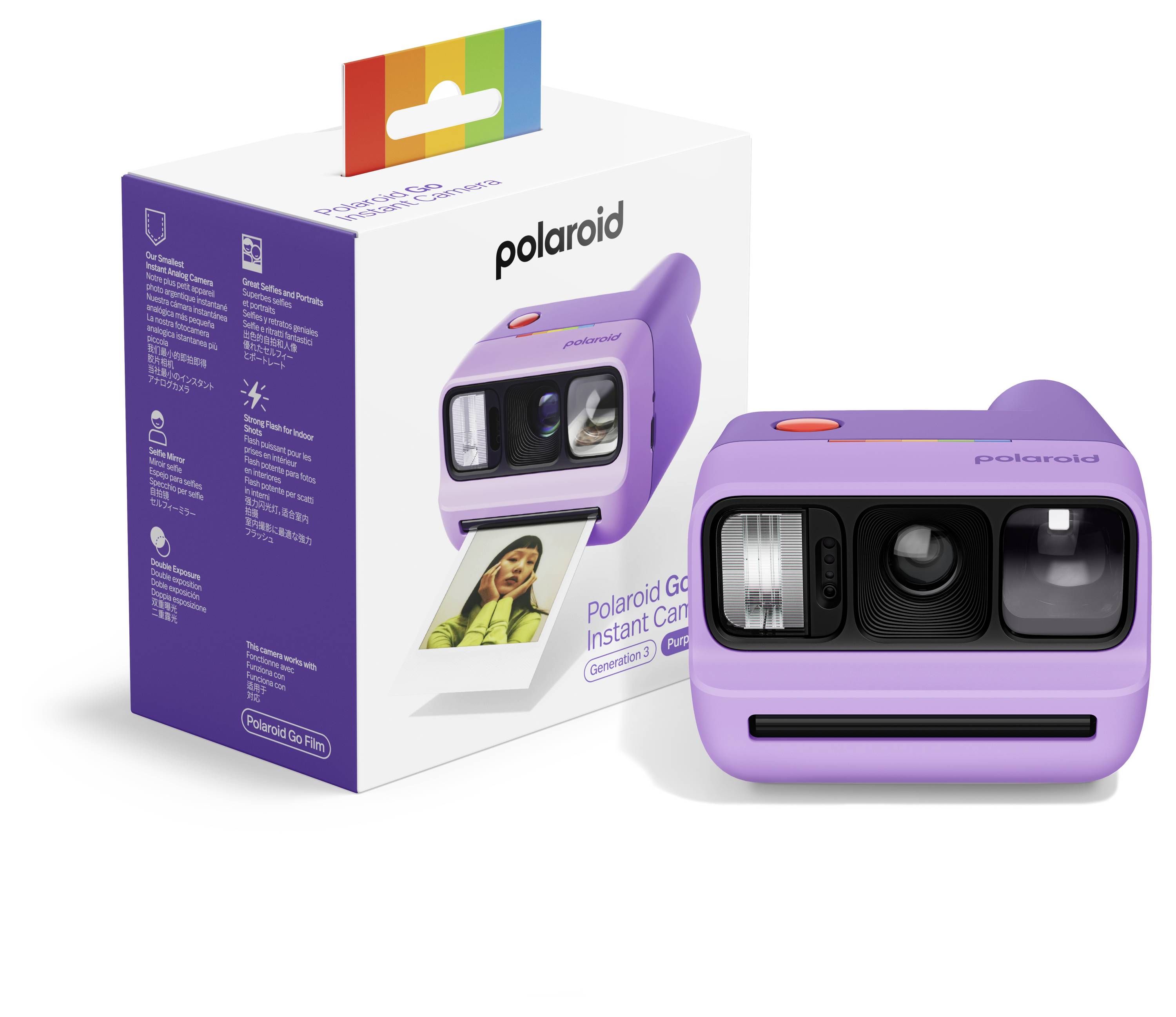 Lila sofortbildkamera von Polaroid, gezeigt mit ihrer Produktverpackung, einschließlich eines beispielhaften gedruckten Fotos, das aus der Kamera herauskommt.