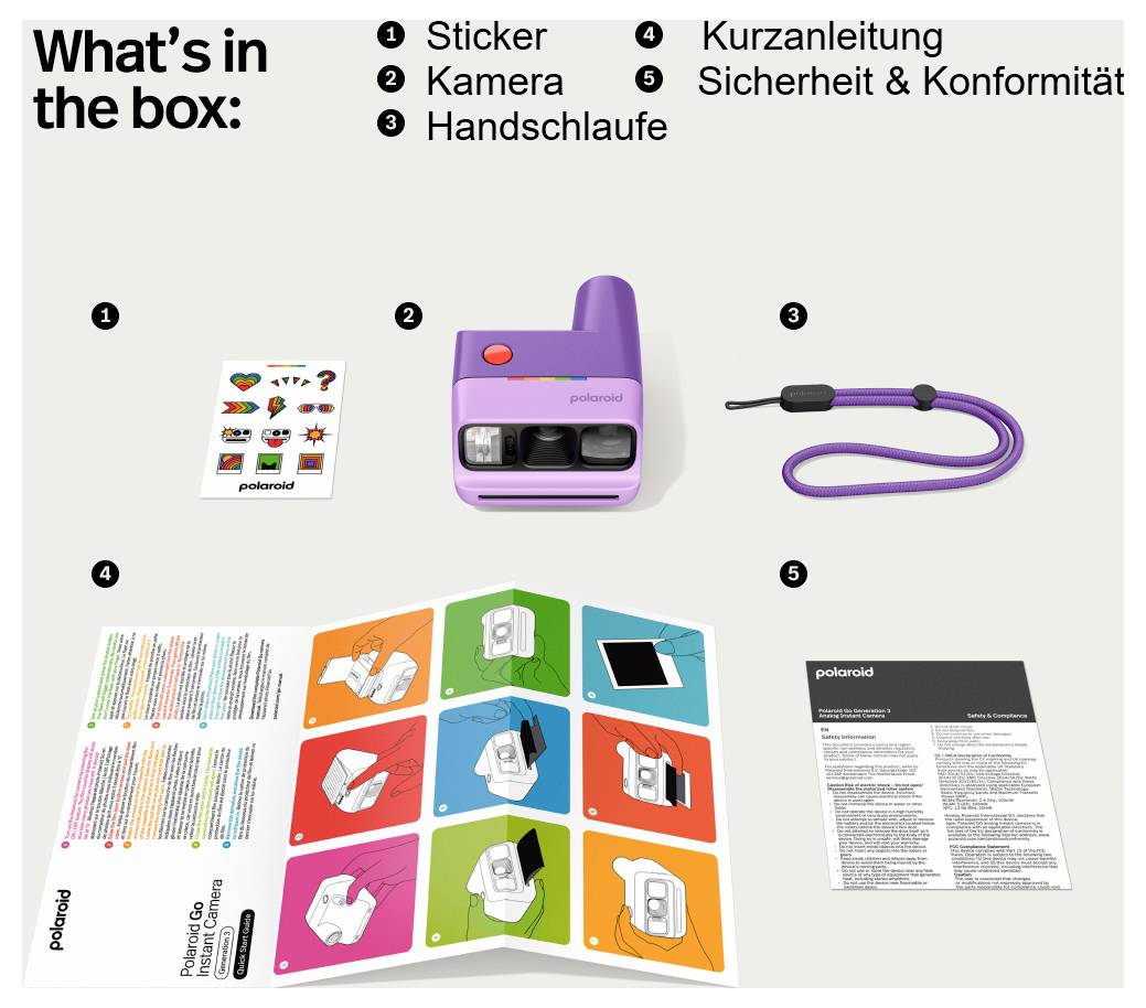 Verpackungsinhalt von Polaroid: Sticker, Kamera, Handschlaufe, Kurzanleitung sowie Sicherheits- und Konformitätsblatt.