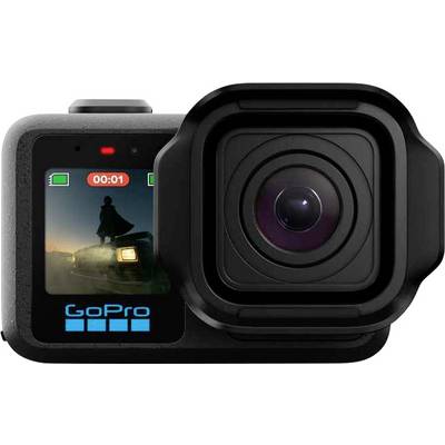 Vorderansicht einer GoPro-Actionkamera mit großem Objektiv, kleinem rückwärtigem Display mit Silhouette eines Fahrers und „GoPro"-Branding.