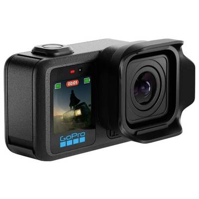 Schwarze GoPro Actionkamera in Vorderansicht mit Weitwinkelobjektiv, frontalem Display und Aufnahmeanzeige auf dem Bildschirm