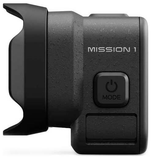 Black Mission 1 Actionkamera Seitenansicht mit Objektiv, Ein-/Modusschalter und Befestigungshalterung