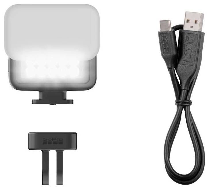 LED-Kameralicht mit Cliphalterung, Akku und USB-Ladekabel auf weißem Hintergrund