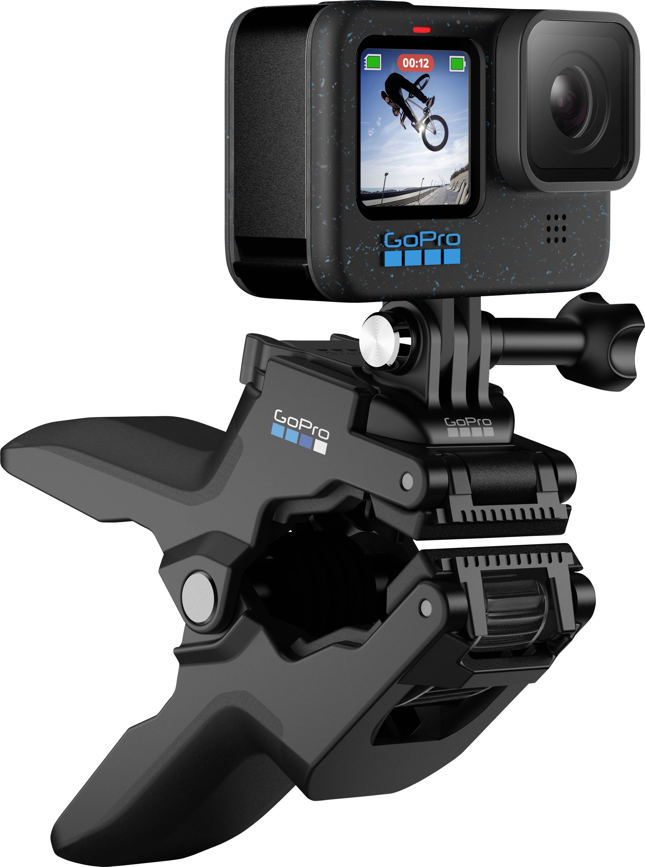 GoPro-Actionkamera auf einer Lenkerklammer montiert, dargestellt befestigt an Fahrradlenkern zur Aufzeichnung von Fahrten.