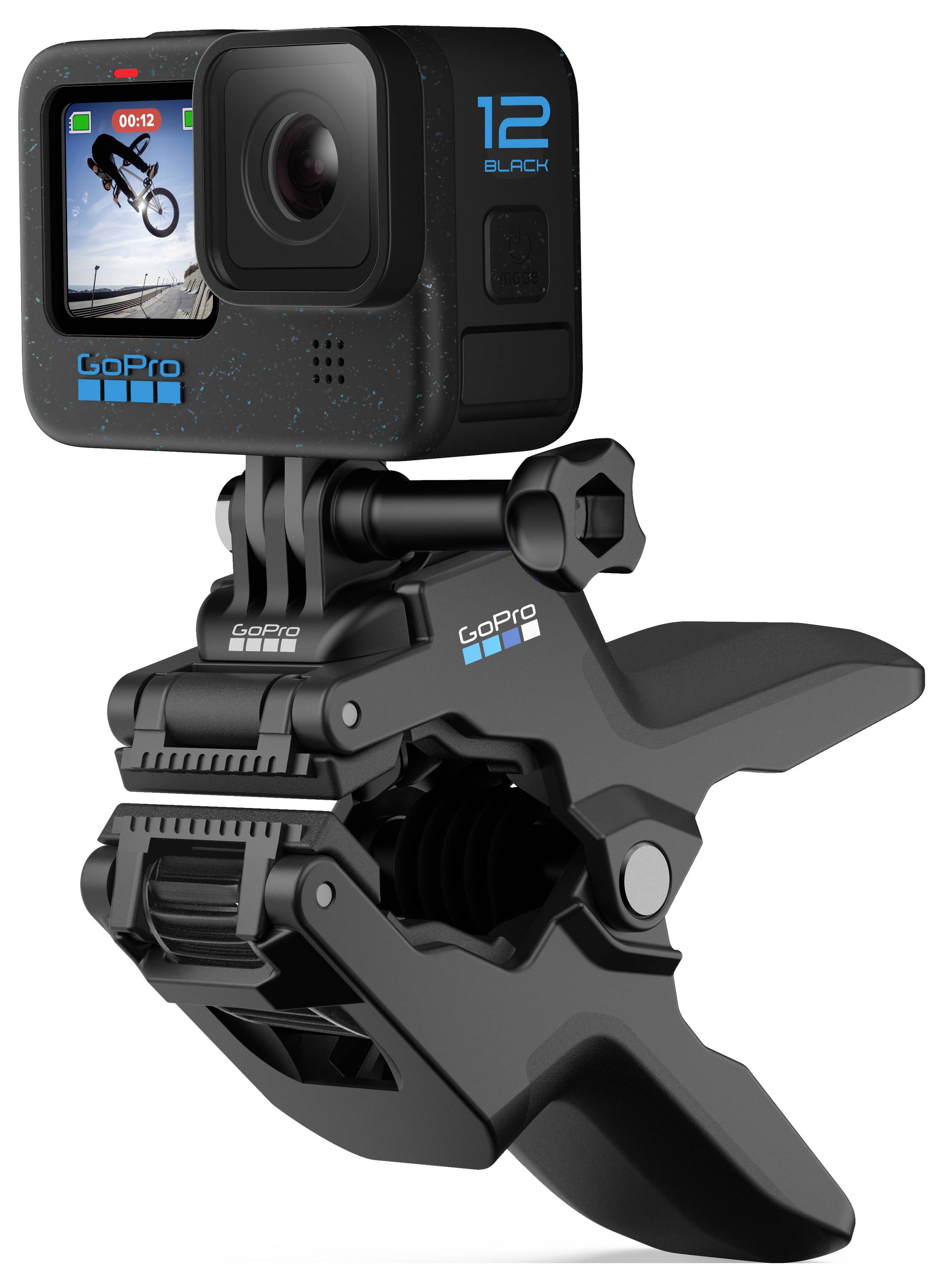 GoPro Hero12 Black Action-Kamera in einer Clip-On-Lenker-Stil-Fahrrad-Halterung montiert, gezeigt mit einem kleinen Vorschaubildschirm.