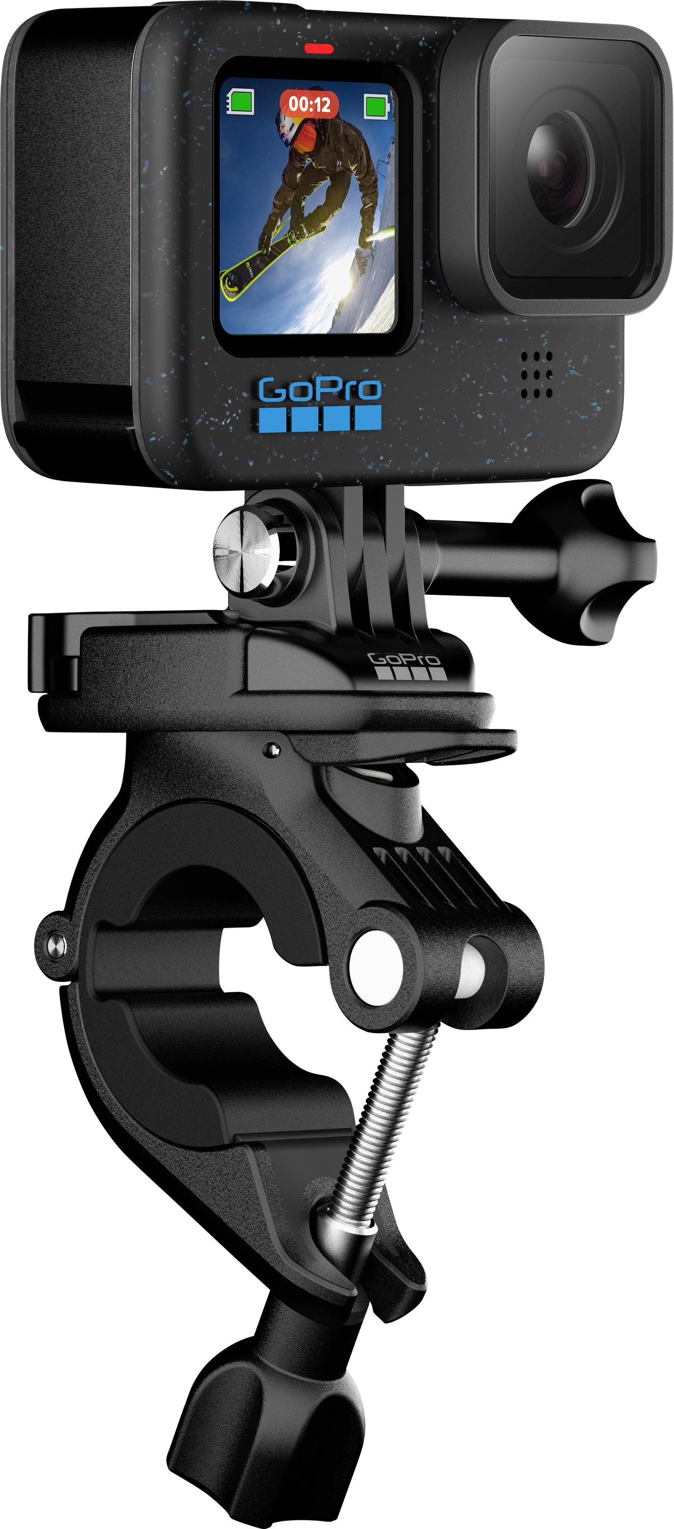 GoPro-Actionkamera auf einer Lenkerklammer montiert, zeigt die Kamera und verstellbare Halterung für Fahrrad- oder Ausrüstungsbefestigung.